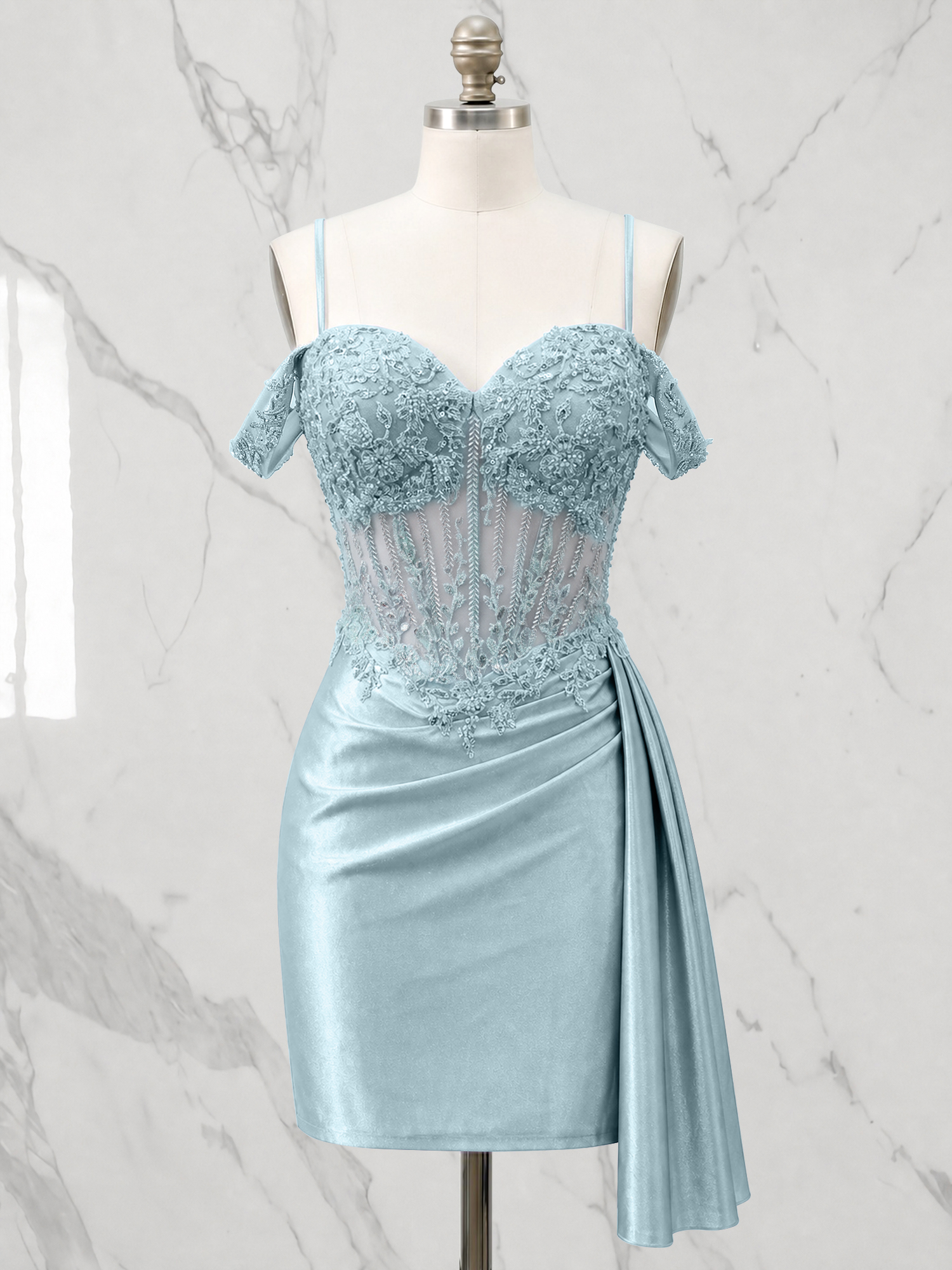 Off-the-Shoulder Lace Corset Homecoming Dress with Side Drape