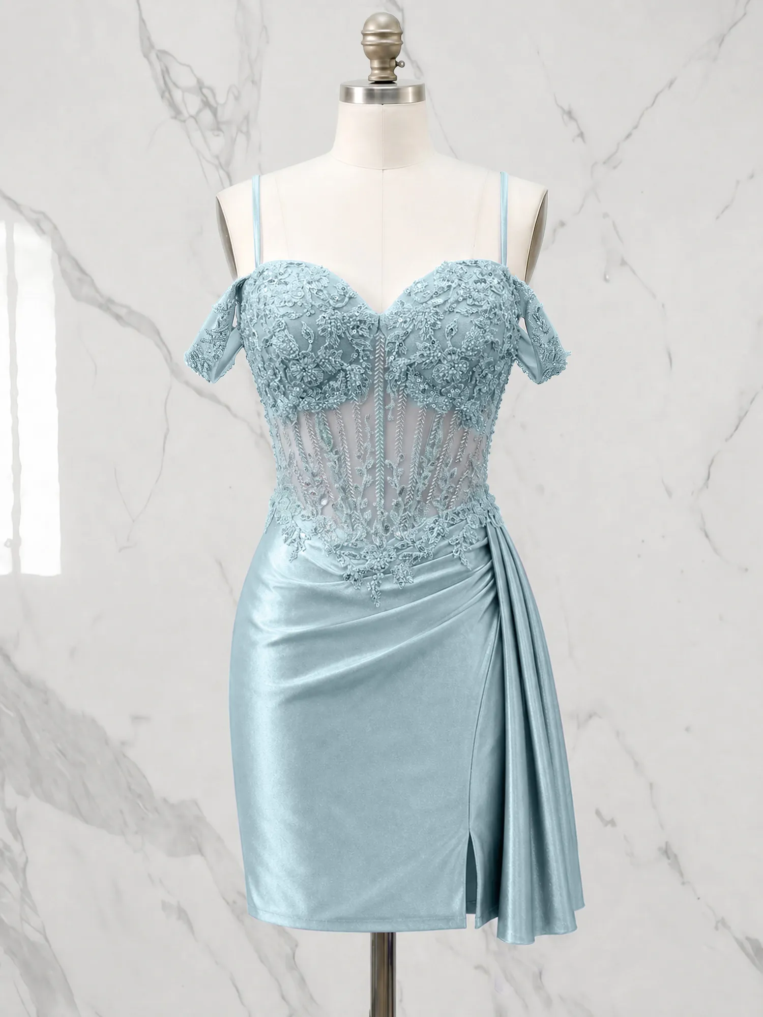 Off-the-Shoulder Lace Corset Homecoming Dress with Draped Skirt