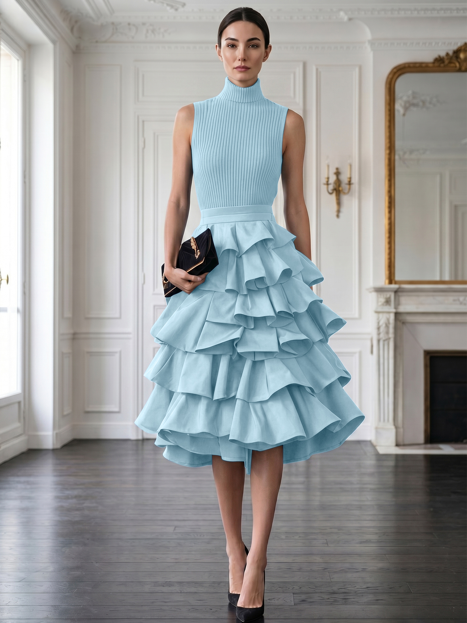 Avant-Garde Black High-Neck Tiered Ruffled Evening Gown