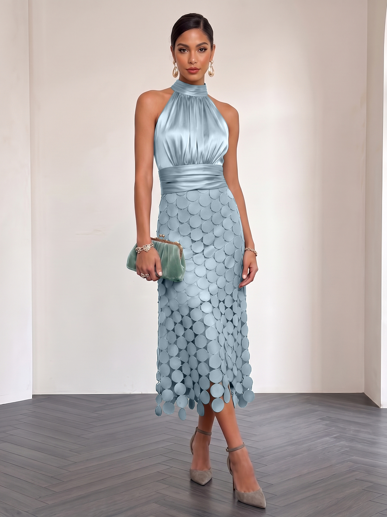 Ice Blue Satin Halter Circle Motif Midi Formal Evening Gown
