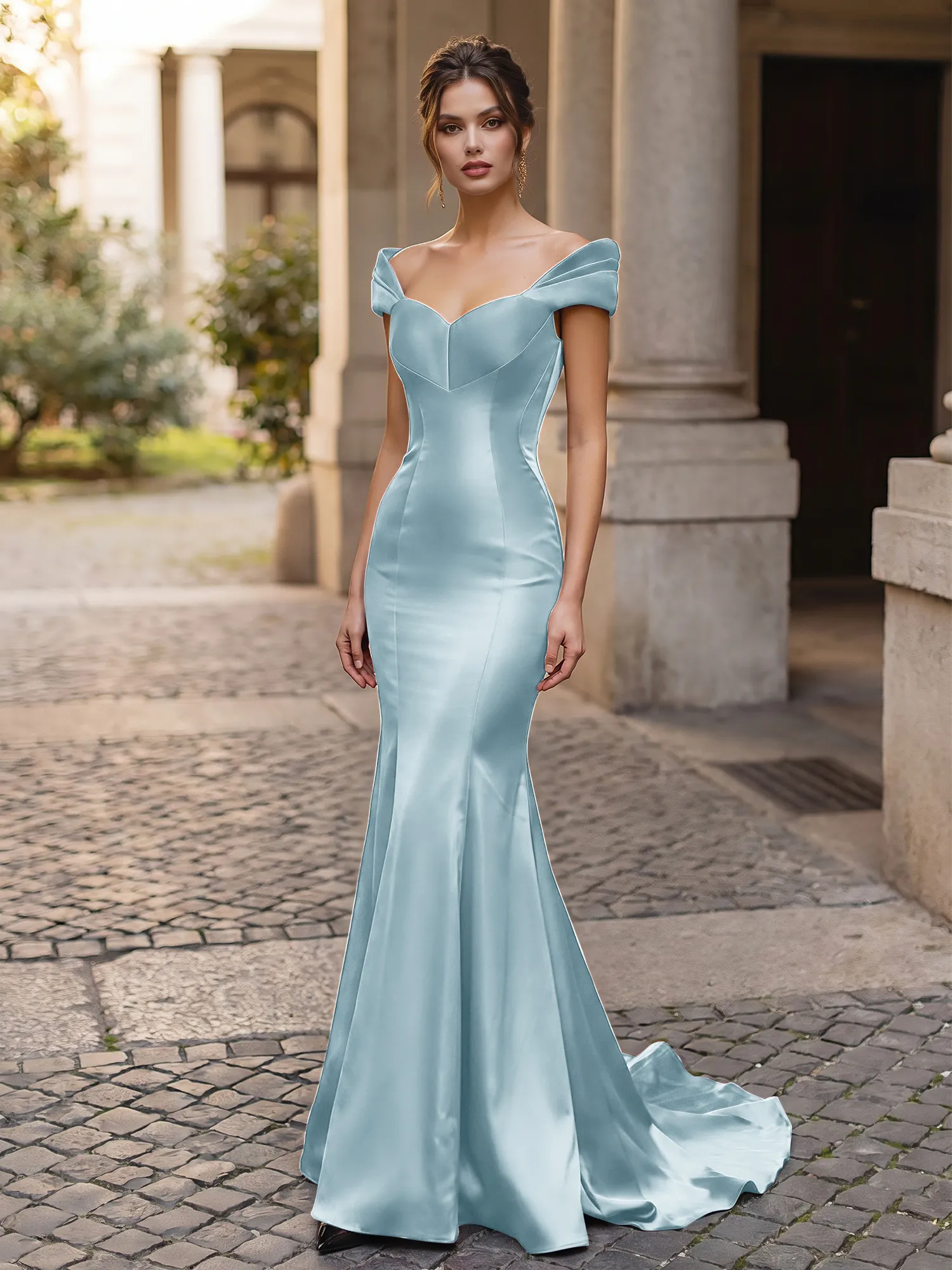 Off-the-Shoulder Sweetheart Lace-Up Back Satin Mermaid Prom Dress