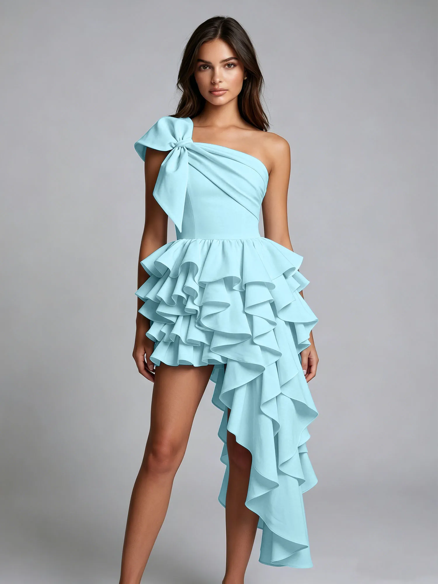 One-Shoulder Bow Tiered Ruffle Asymmetrical Homecoming Dress