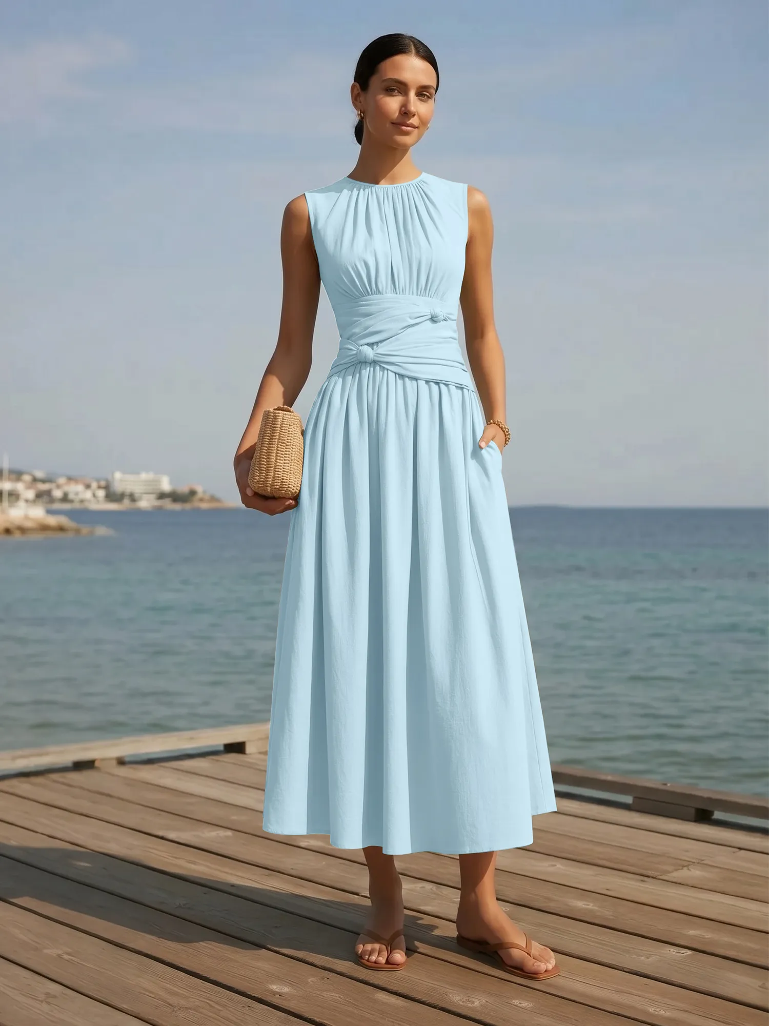 Sleeveless Round Neck Waist-Knot Midi Evening Dress