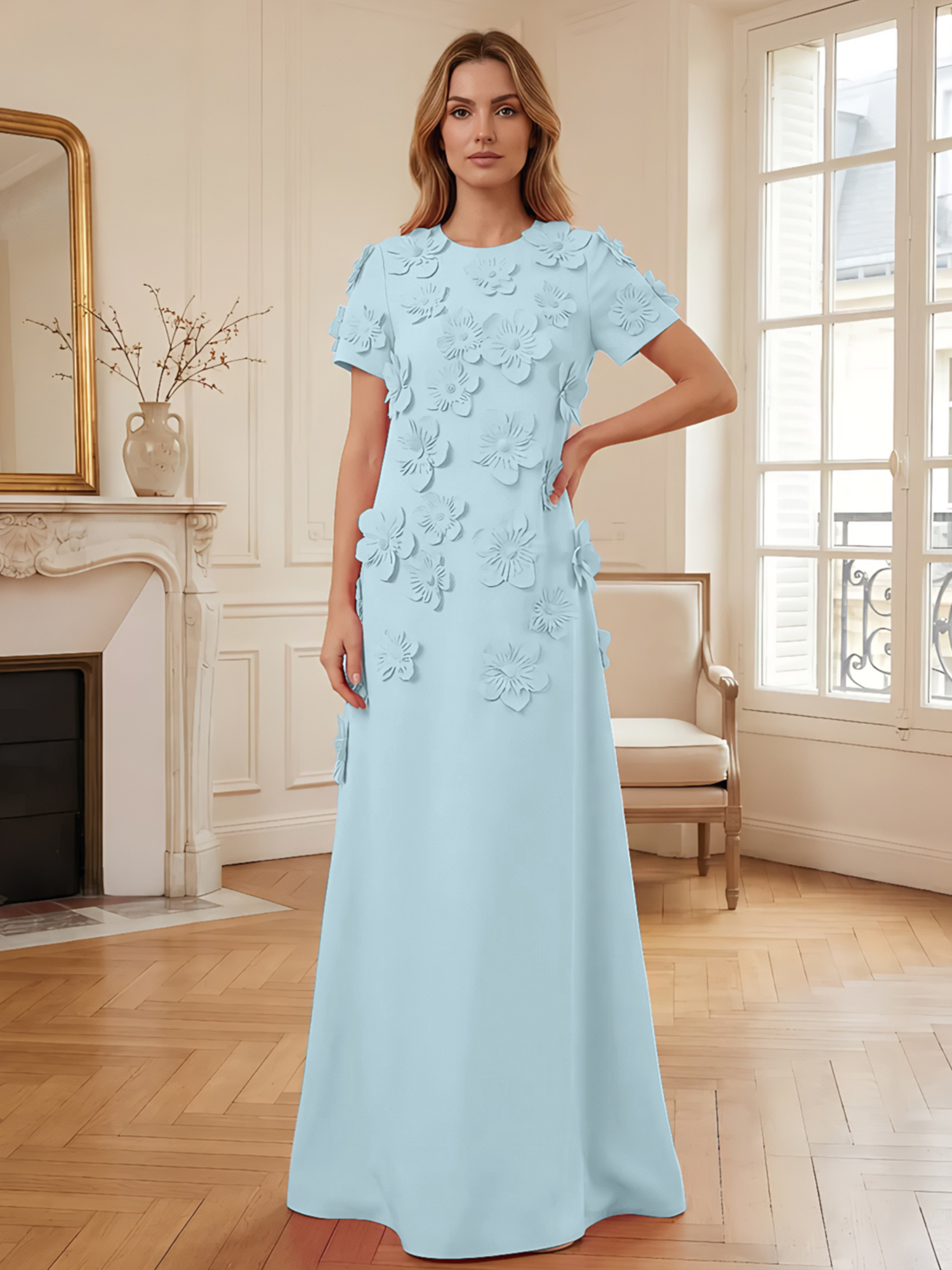 3D Floral Applique Short-Sleeve Column Evening Gown