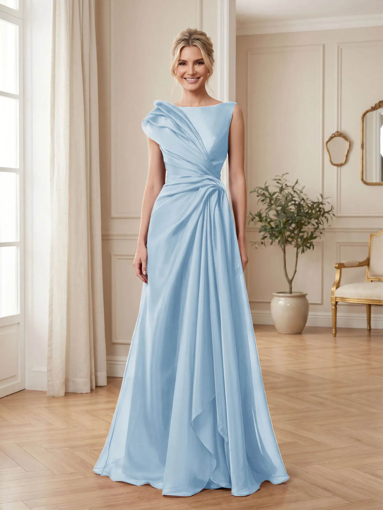 A Line Ruched Draped Tulle Evening Gown