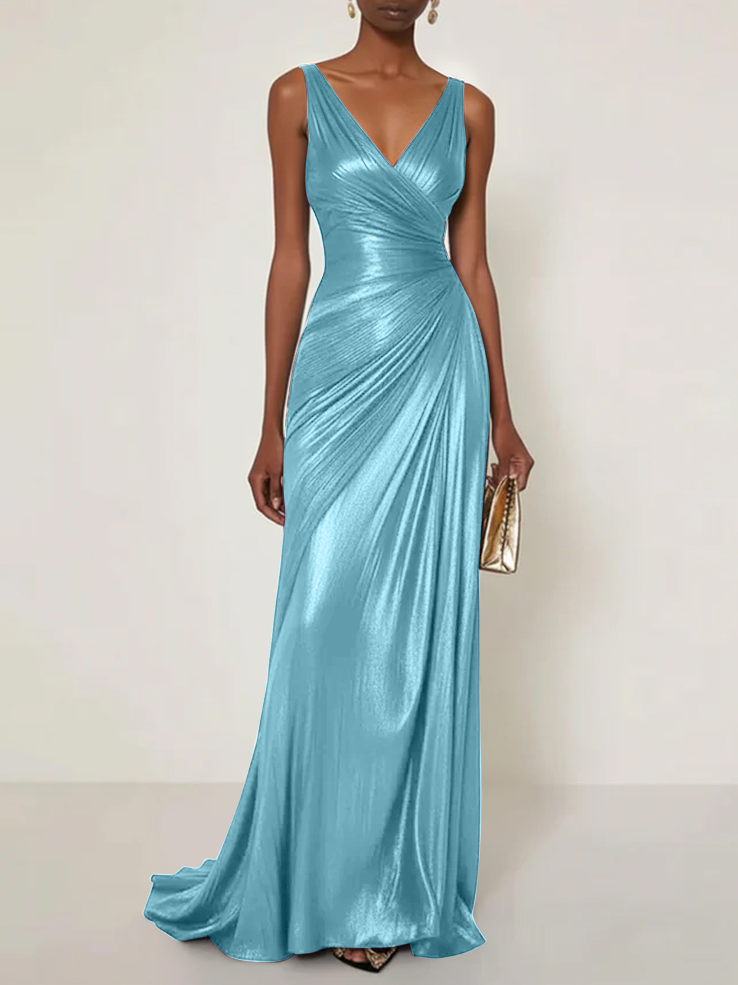Evening Formal Dress V Neck Silk Ruffles Maxi Dress Gown