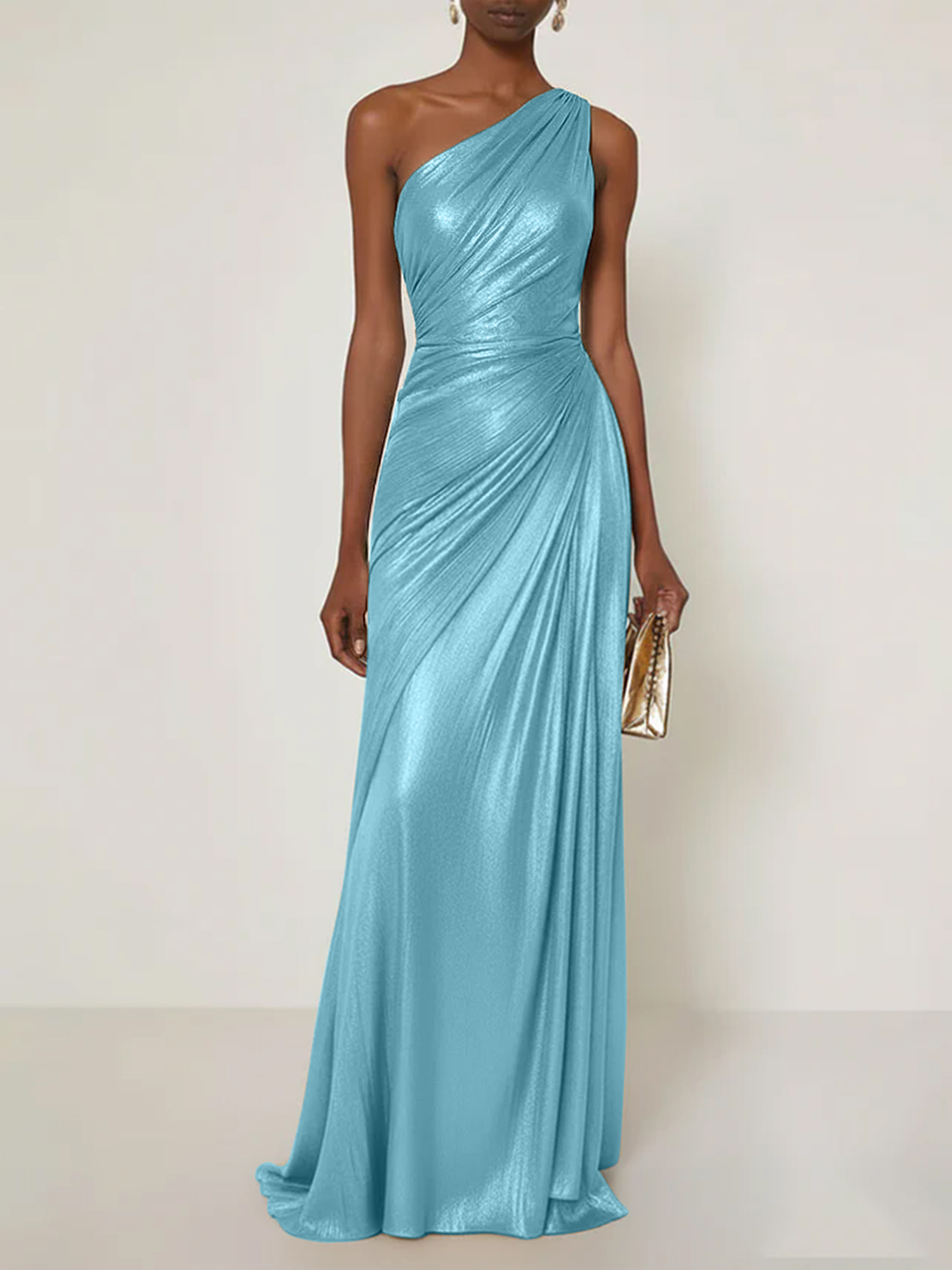 Evening Formal Dress V Neck One Shoulder Silk Ruffles Maxi Dress