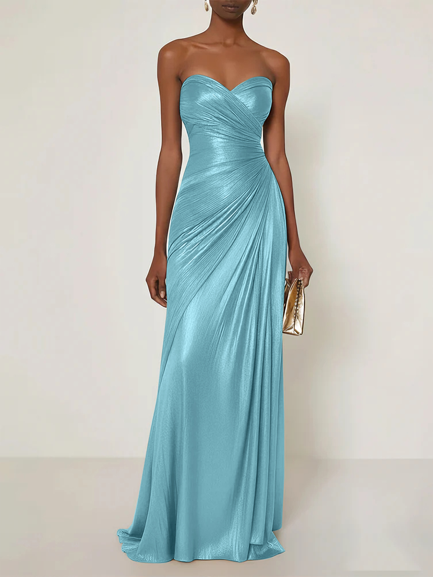 Evening Formal Dress V Neck Silk Ruffles Strapless Maxi Dress