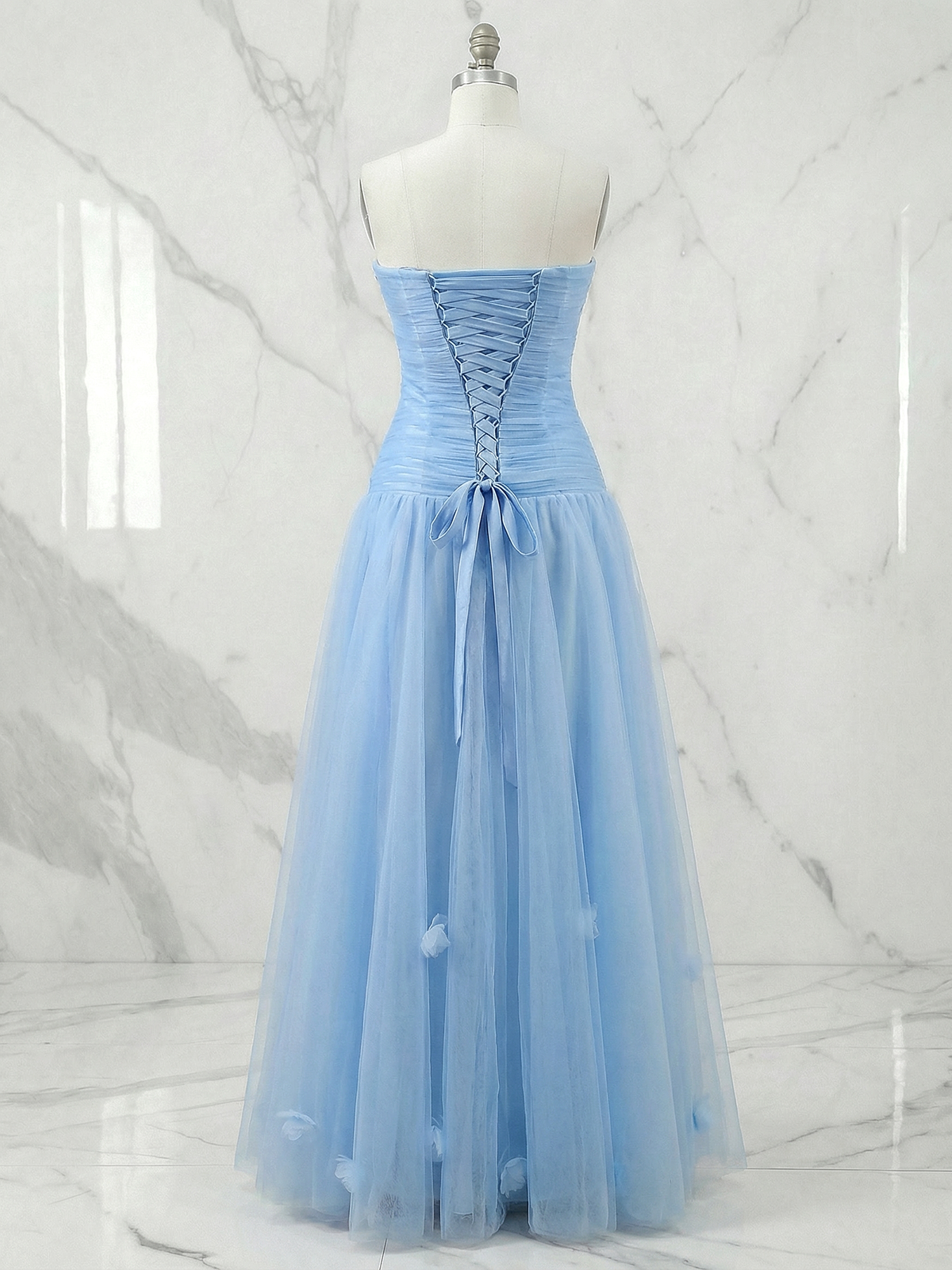 Light Blue Evening Dress with 3D Flower Strapless Pleat Maxi Dress