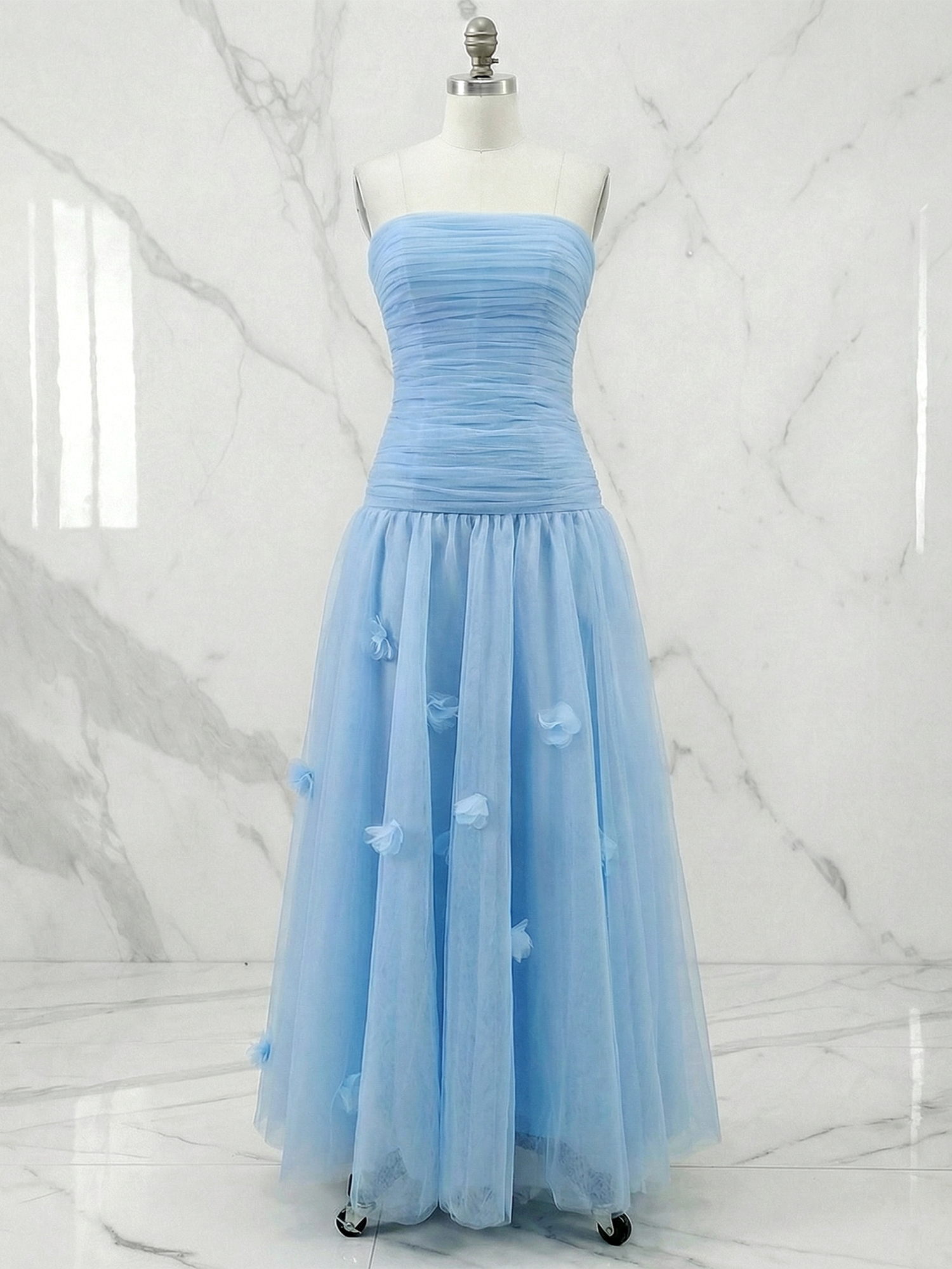 Light Blue Evening Dress with 3D Flower Strapless Pleat Maxi Dress