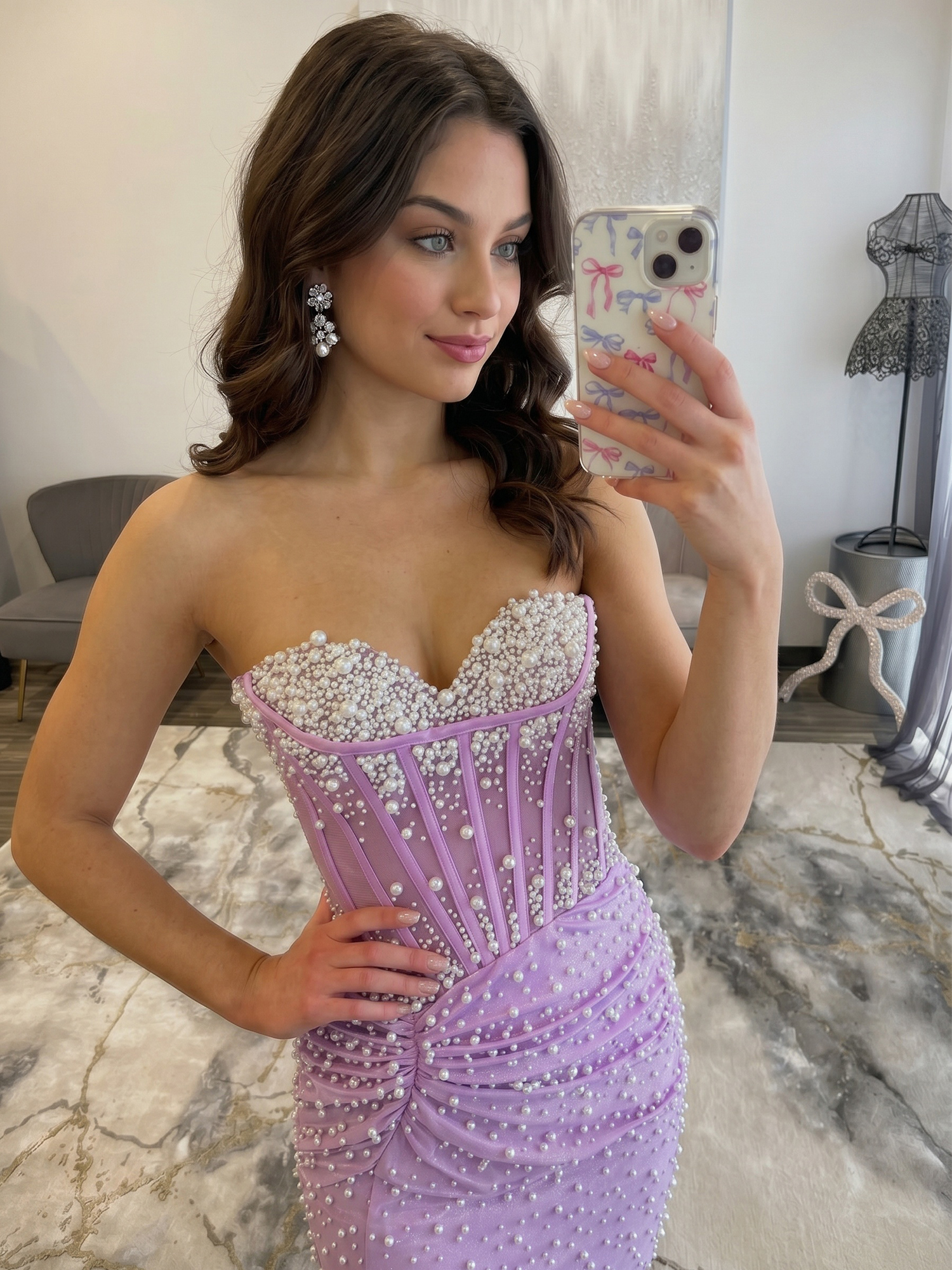 Lilac Pearl-Embellished Ruched Corset Short Homecoming Dress