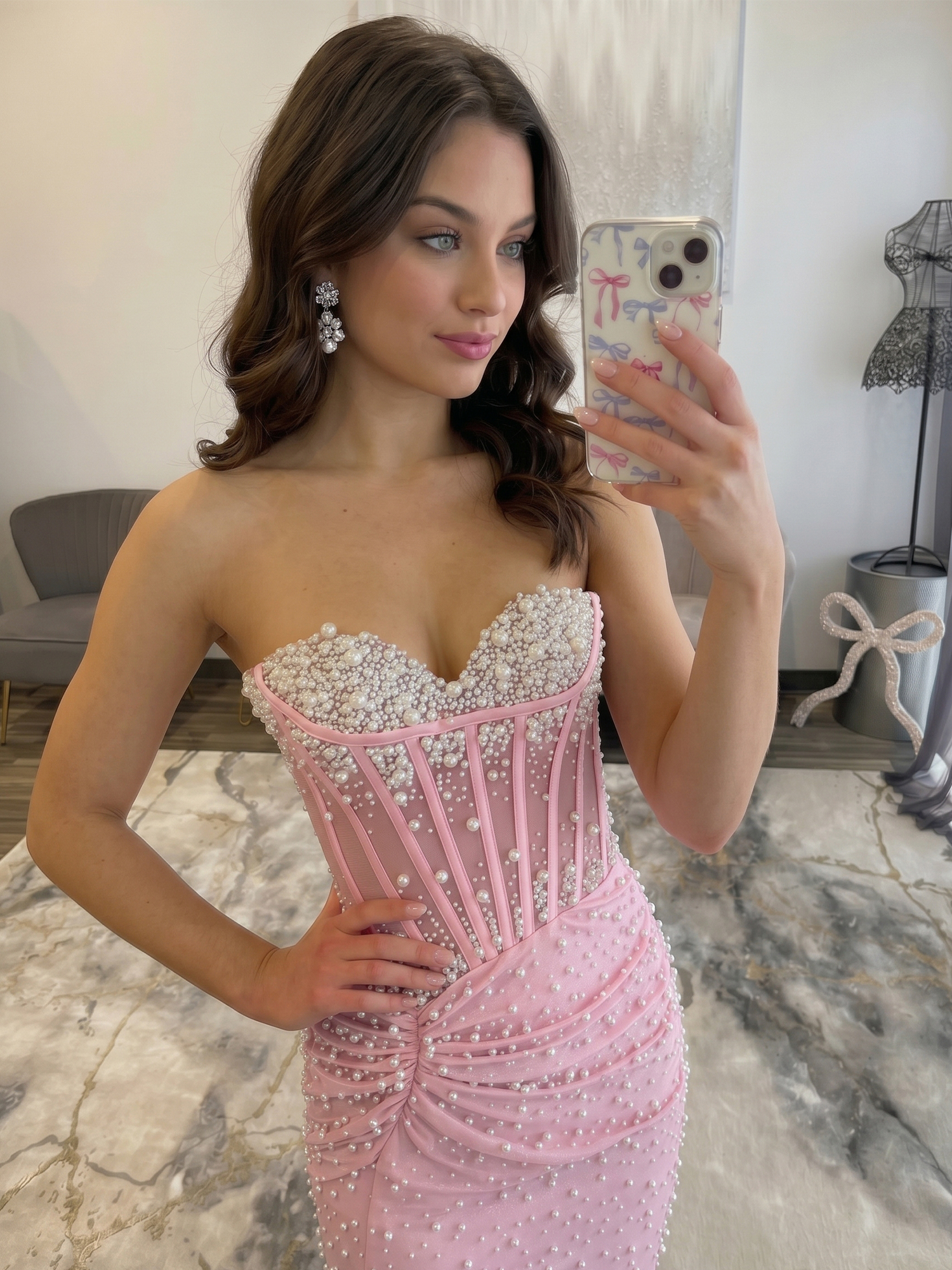 Lilac Pearl-Embellished Ruched Corset Short Homecoming Dress