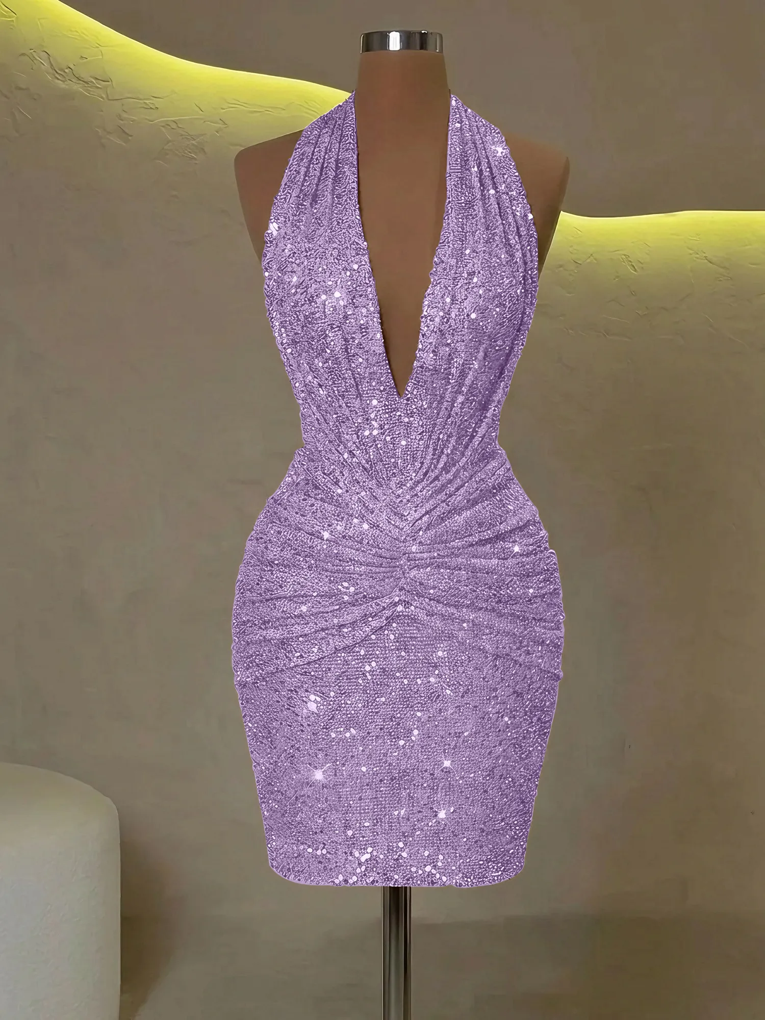 Sequin Halter Deep V-Neck Bodycon Homecoming Dress Mini Dress