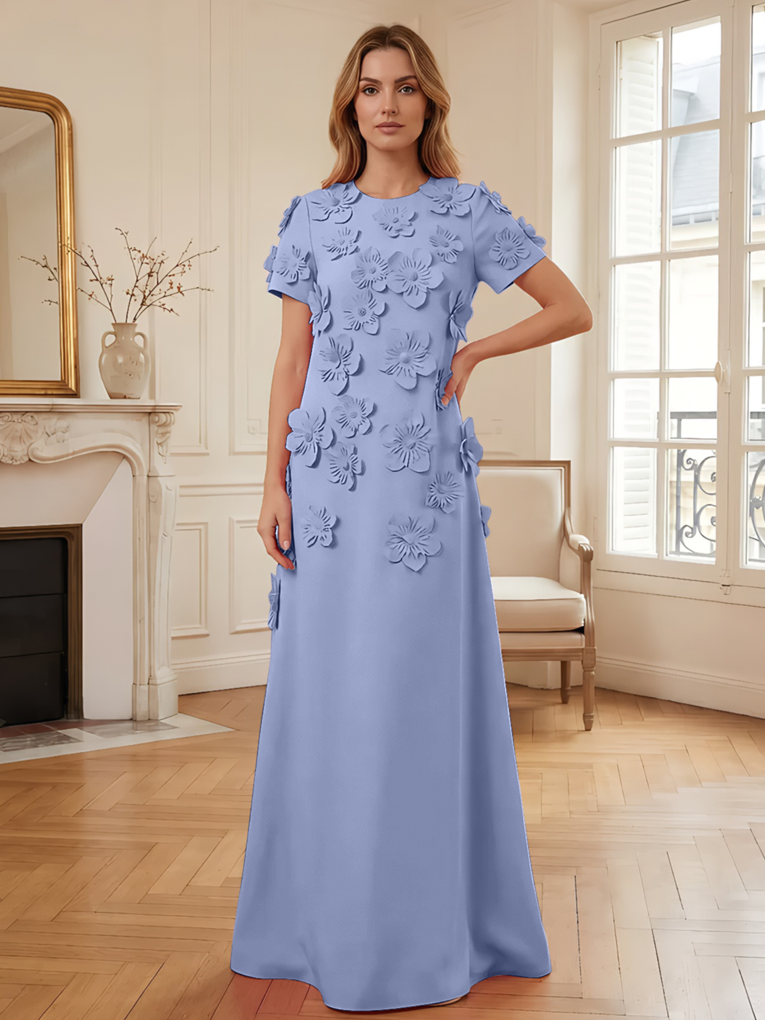3D Floral Applique Short-Sleeve Column Evening Gown