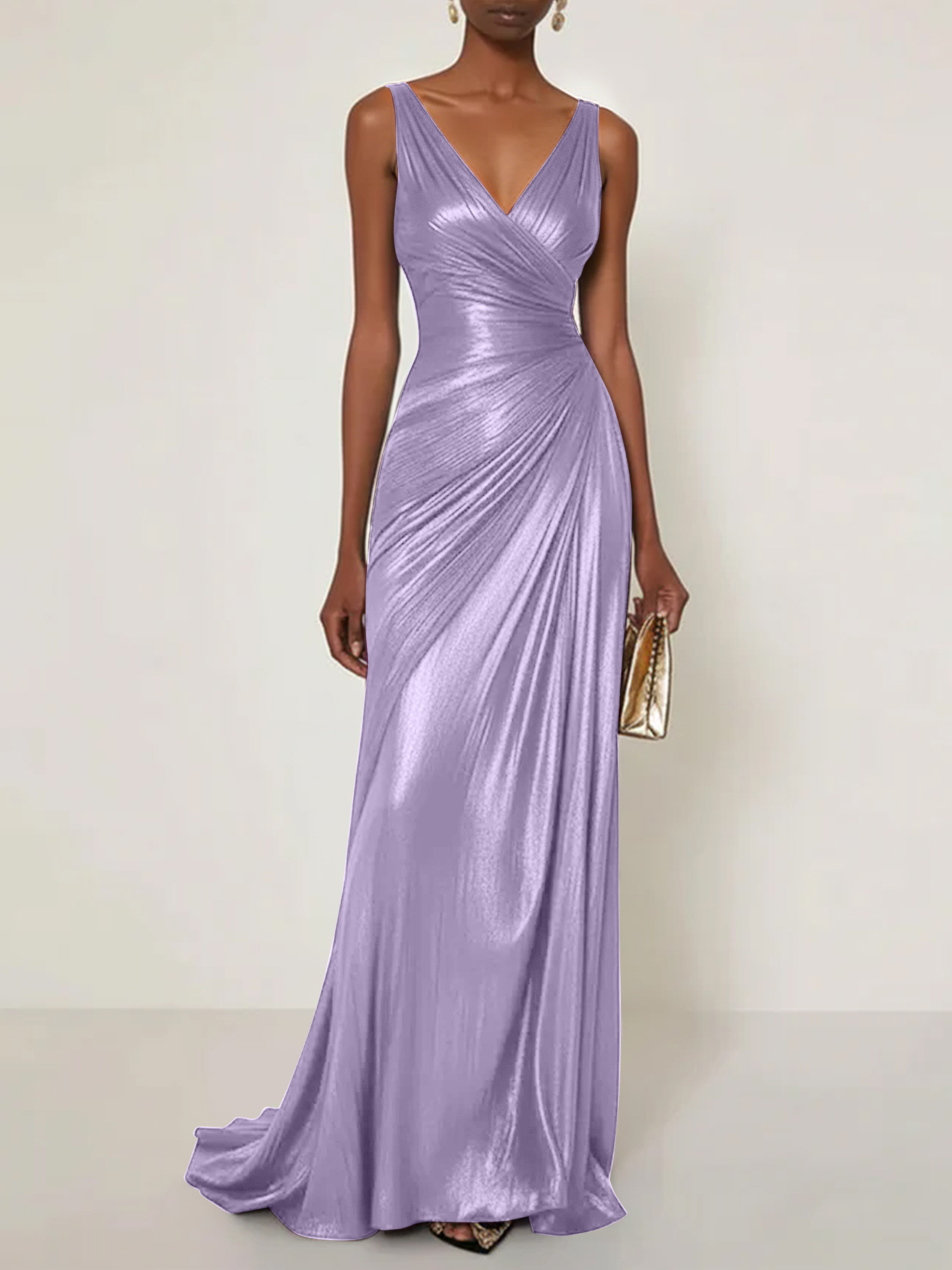 Evening Formal Dress V Neck Silk Ruffles Maxi Dress Gown