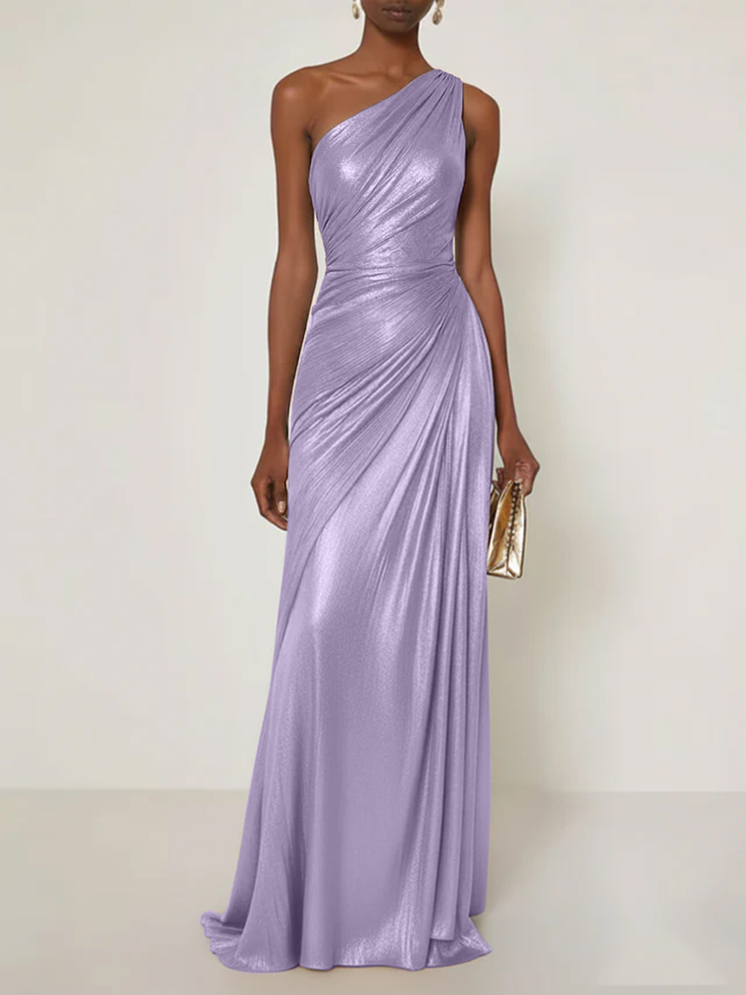 Evening Formal Dress V Neck One Shoulder Silk Ruffles Maxi Dress