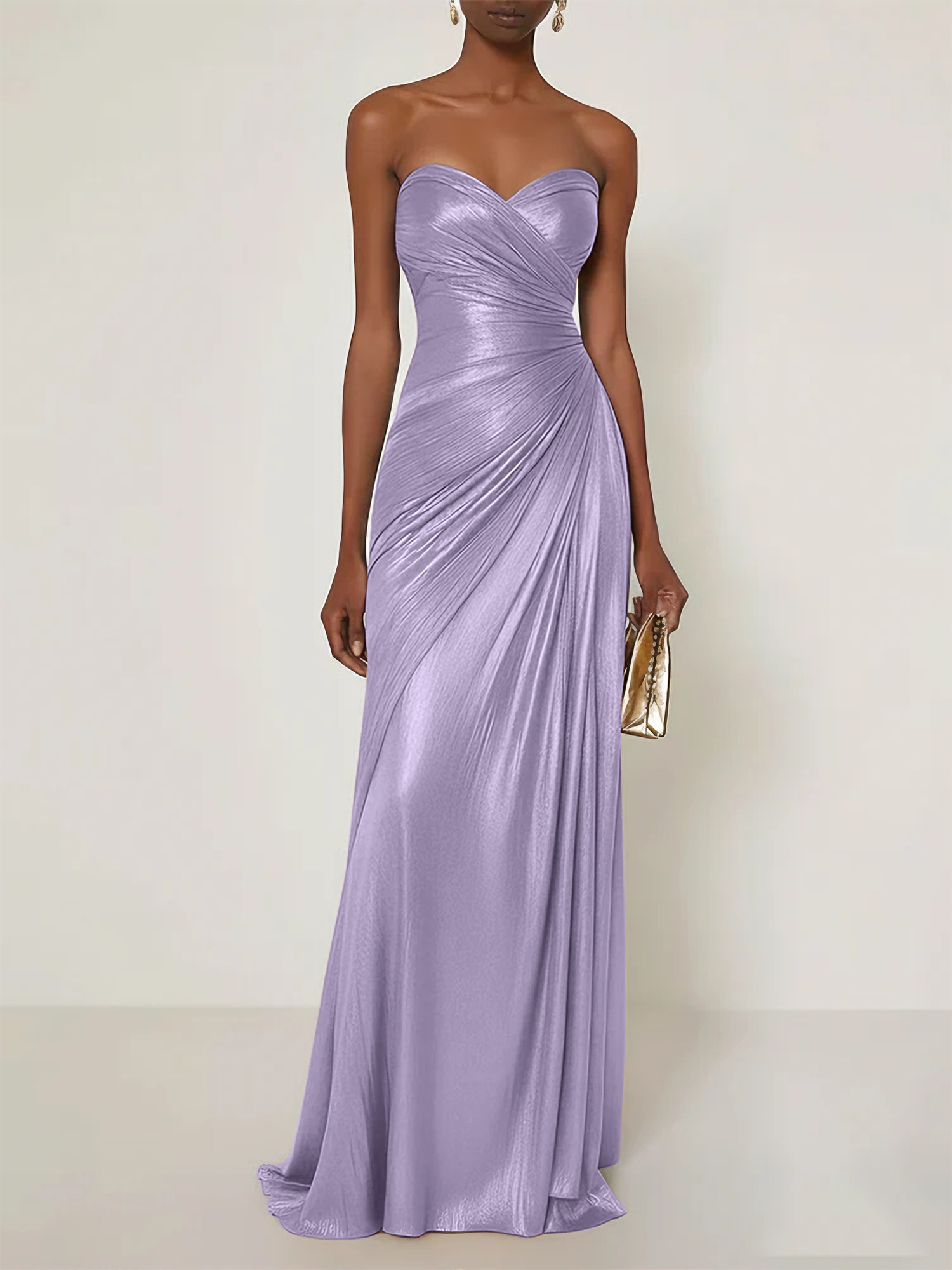 Evening Formal Dress V Neck Silk Ruffles Strapless Maxi Dress