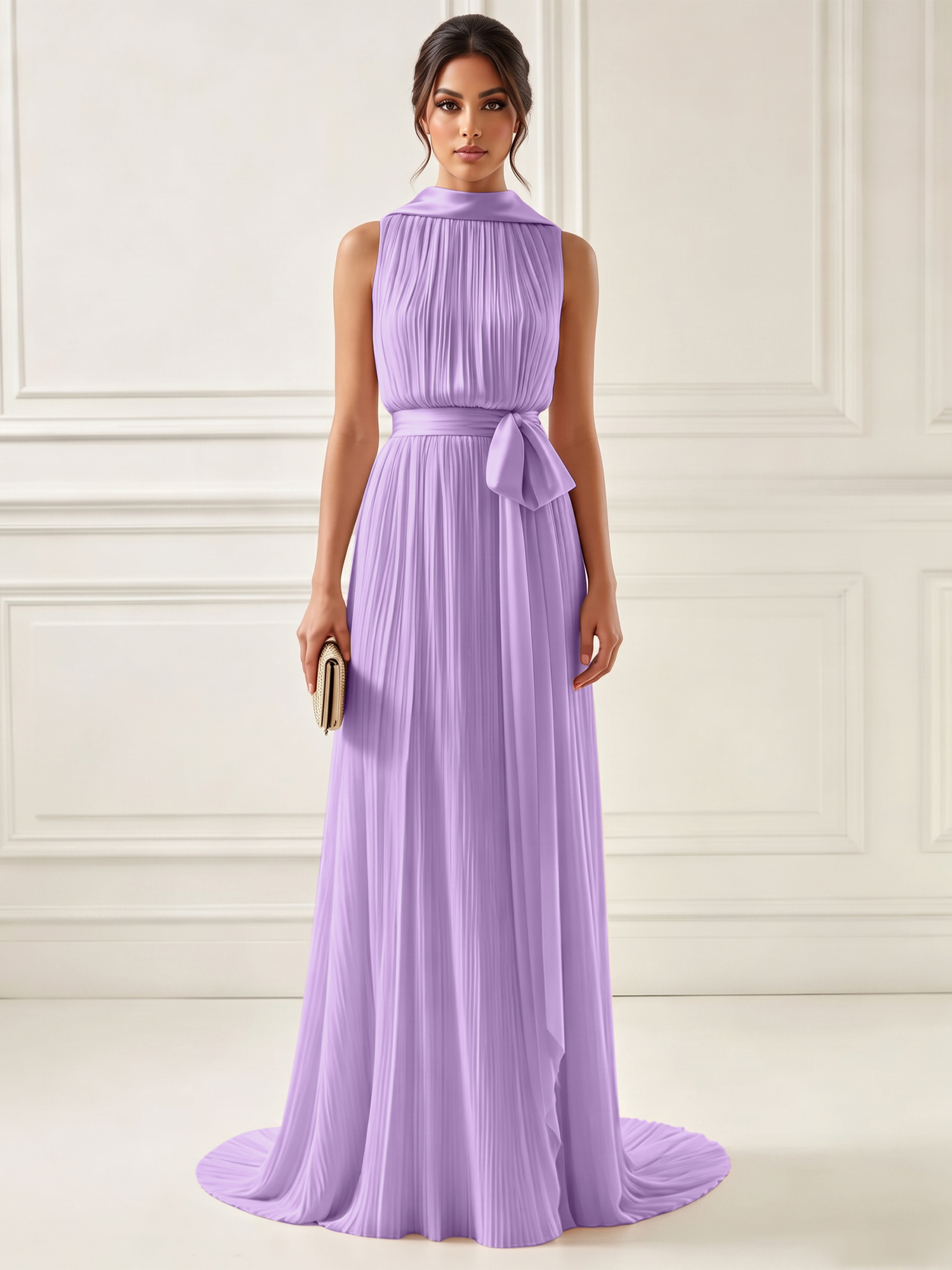 Ethereal Pleated Pastel Pink High Neck Maxi Formal Evening Dress with Satin Sash