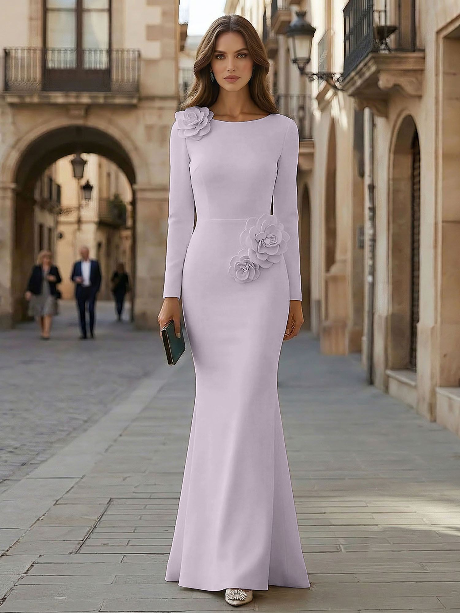 Elegant Pure White Formal Evening Dress Long-Sleeve 3D Floral Crepe Maxi Dress Gown