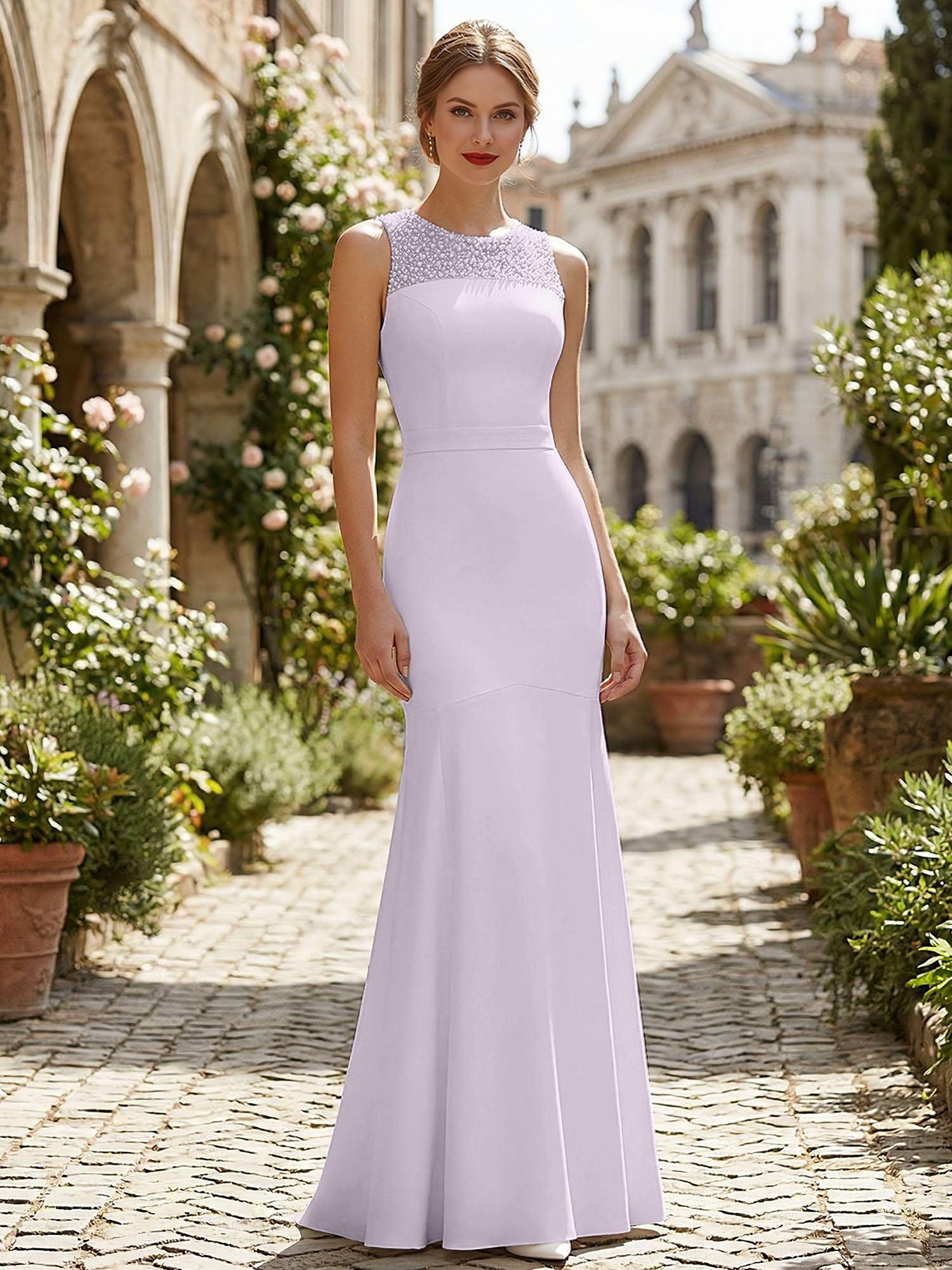 Pure White Sequin Neckline Sleeveless Mermaid Maxi Dress Gown