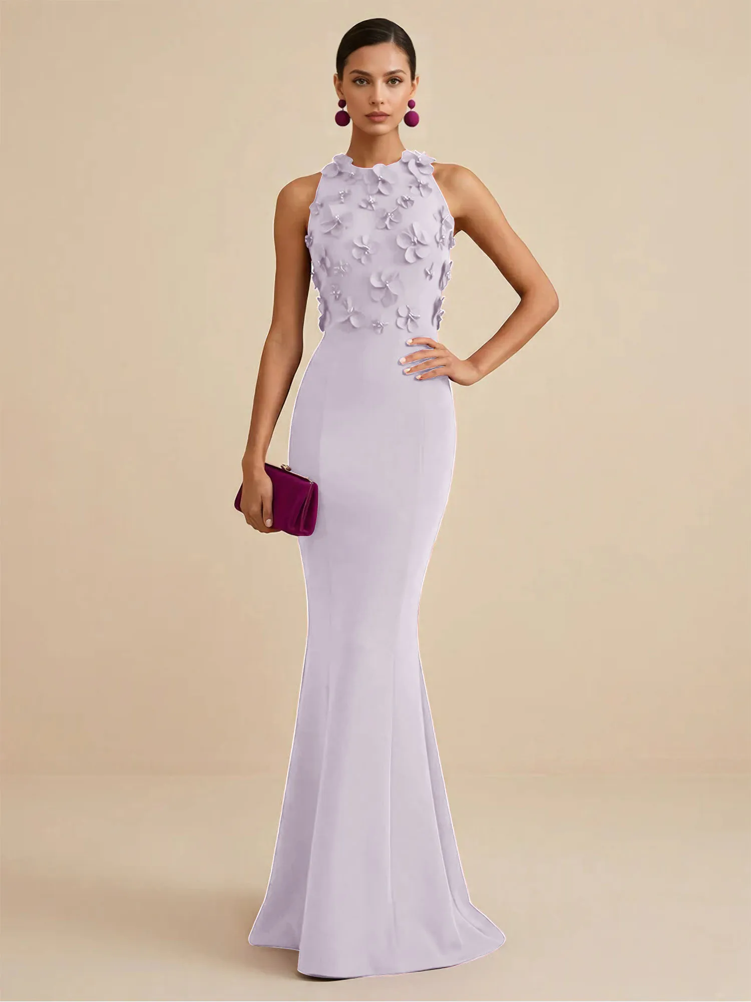 Scoop Neck 3D Floral Appliqué Crepe Mermaid Evening Gown