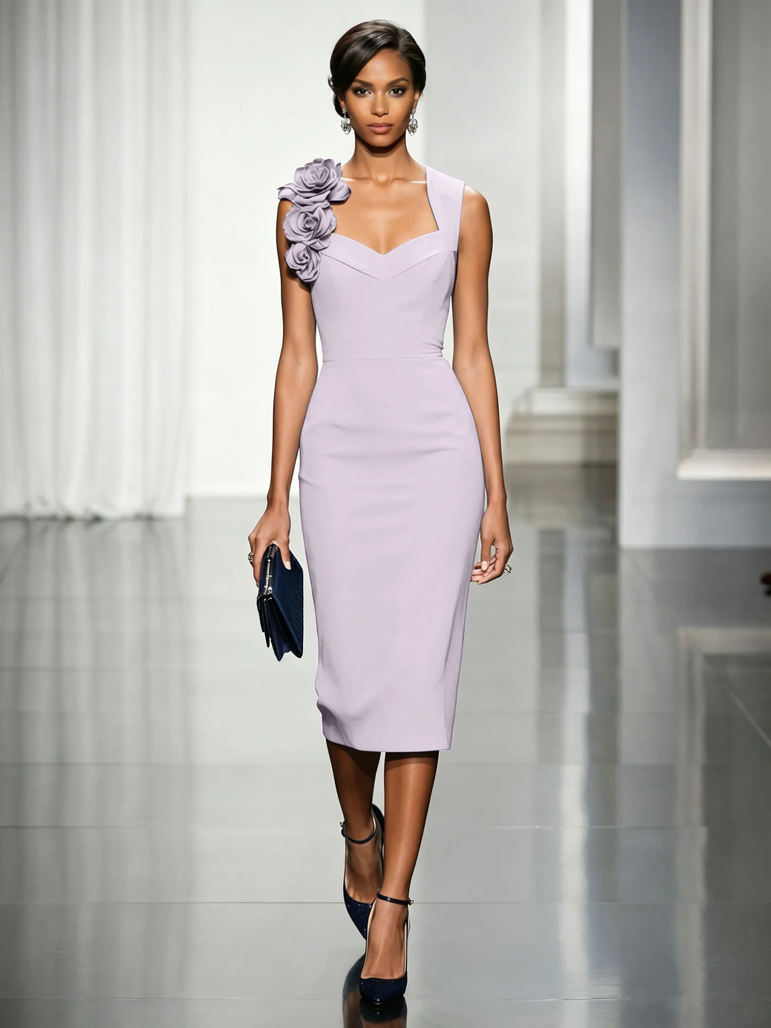 Asymmetric Neckline Crepe Midi Dress with 3D Floral Appliqué