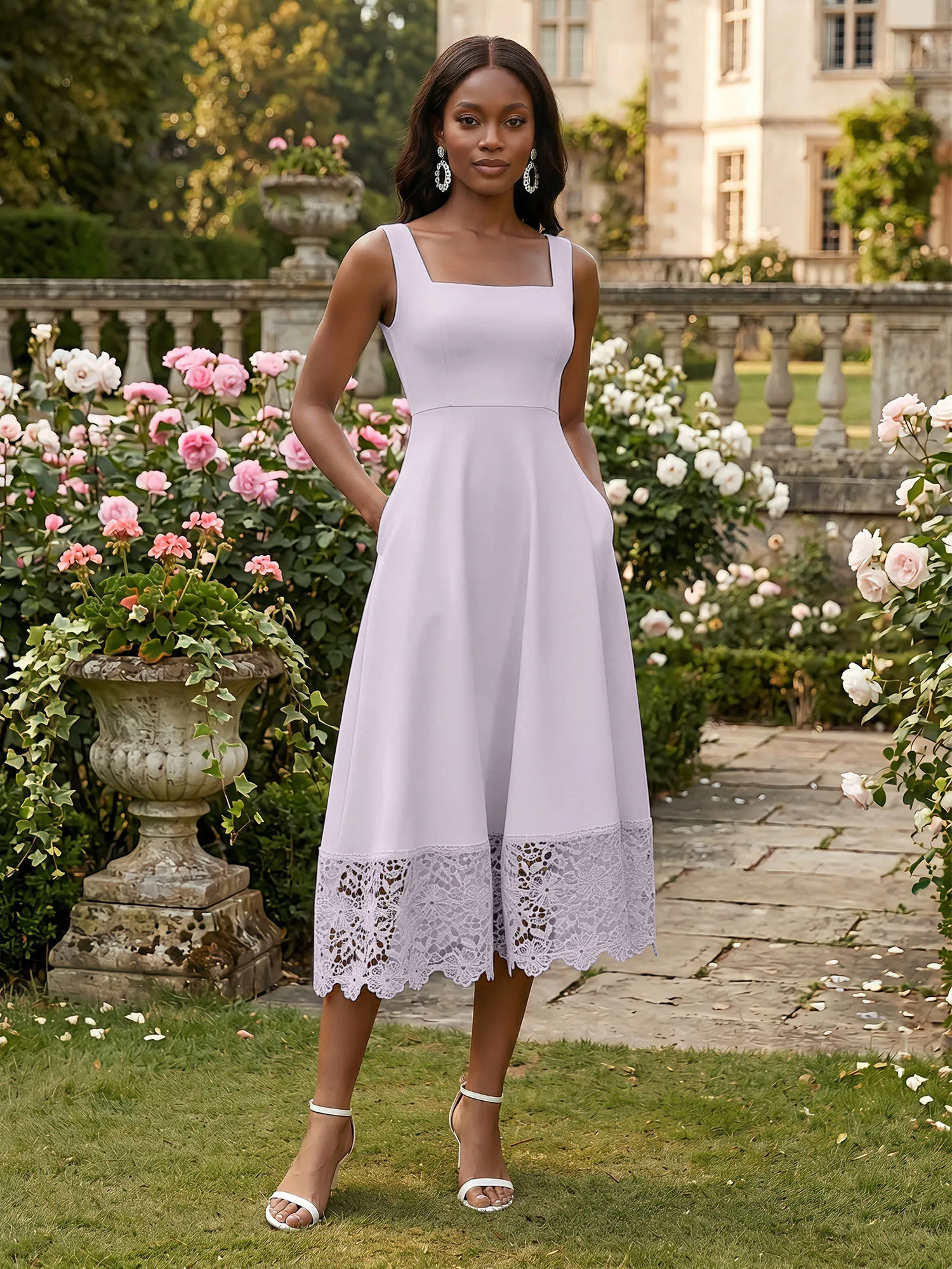 Square Neck Crepe Midi Evening Dress with Lace Hem