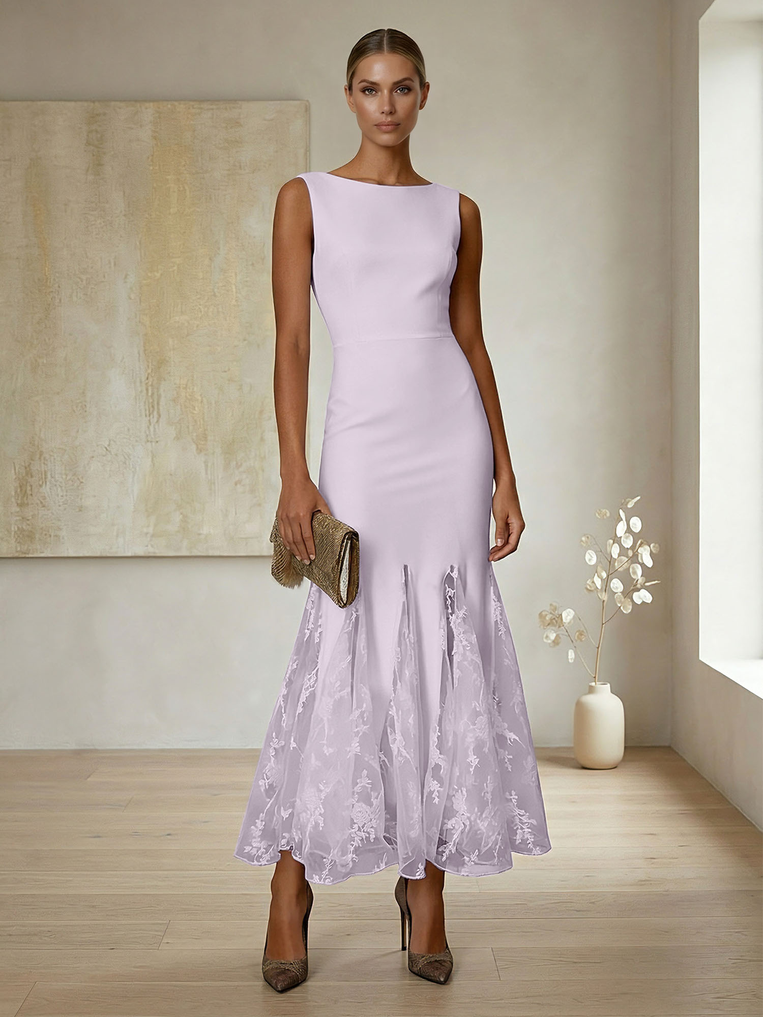 Elegant Formal Evening Gown Lilac Sleeveless Midi Dress with Embroidered Lace Godets