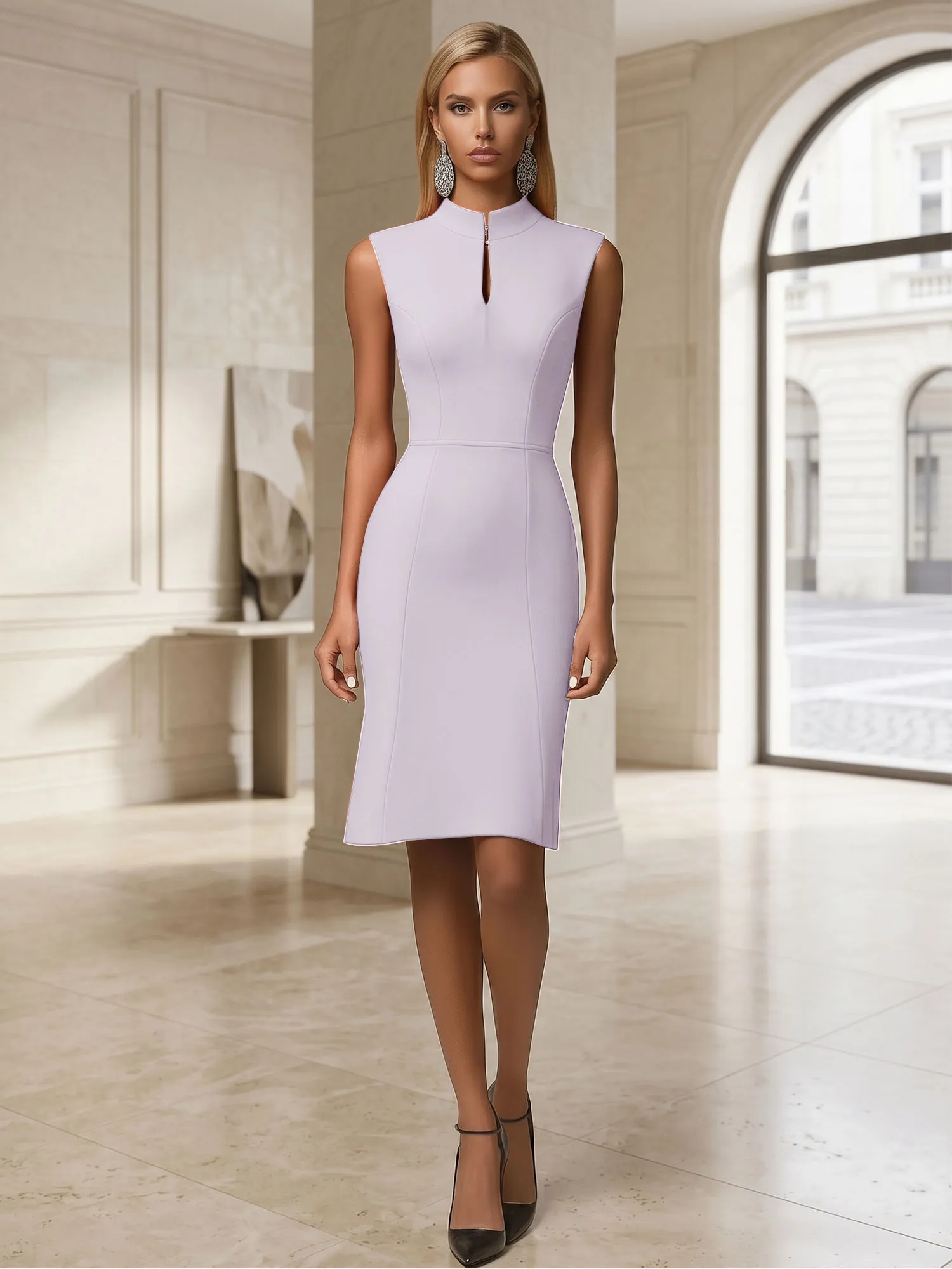 Stand Collar Keyhole Neck Crepe Sheath Evening Dress