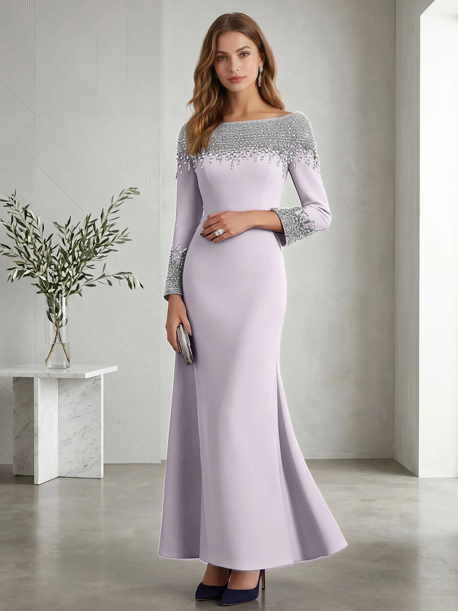 Beaded Off-the-Shoulder Long Sleeve Mermaid Evening Gown