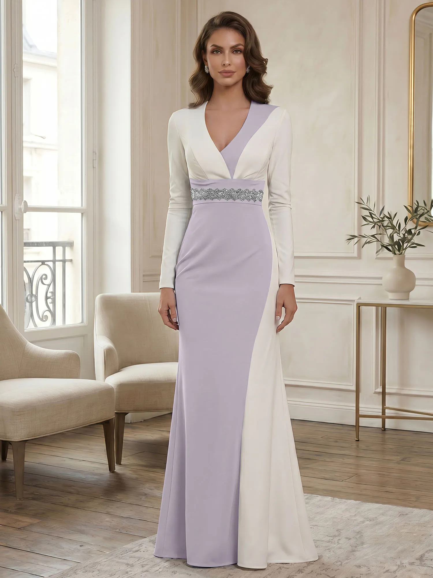 Two-Tone Long Sleeve Mermaid Evening Gown with Beaded Waistband
