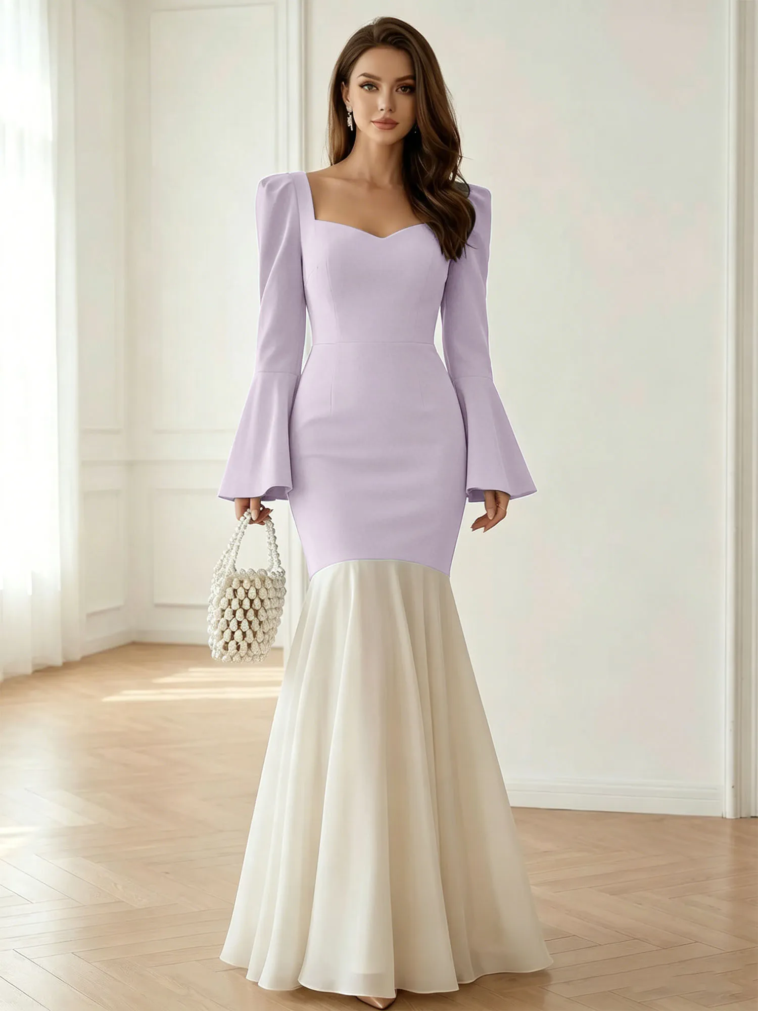 Sweetheart Neck Bell Sleeve Two-Tone Mermaid Evening Gown