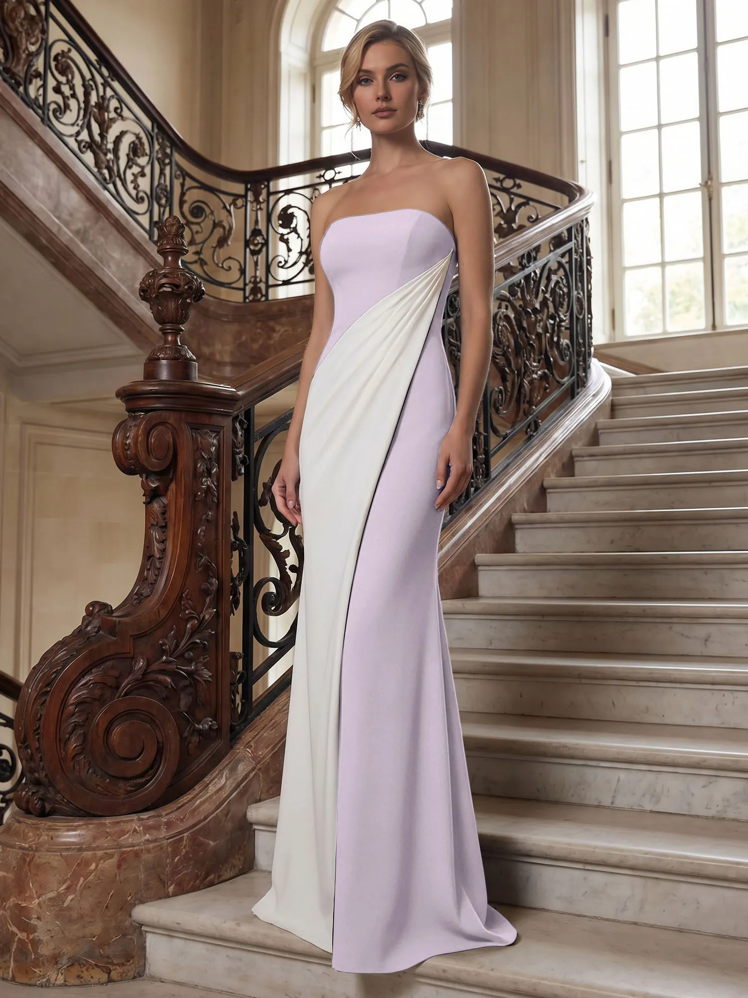 Strapless Two-Tone Draped Mermaid Evening Gown