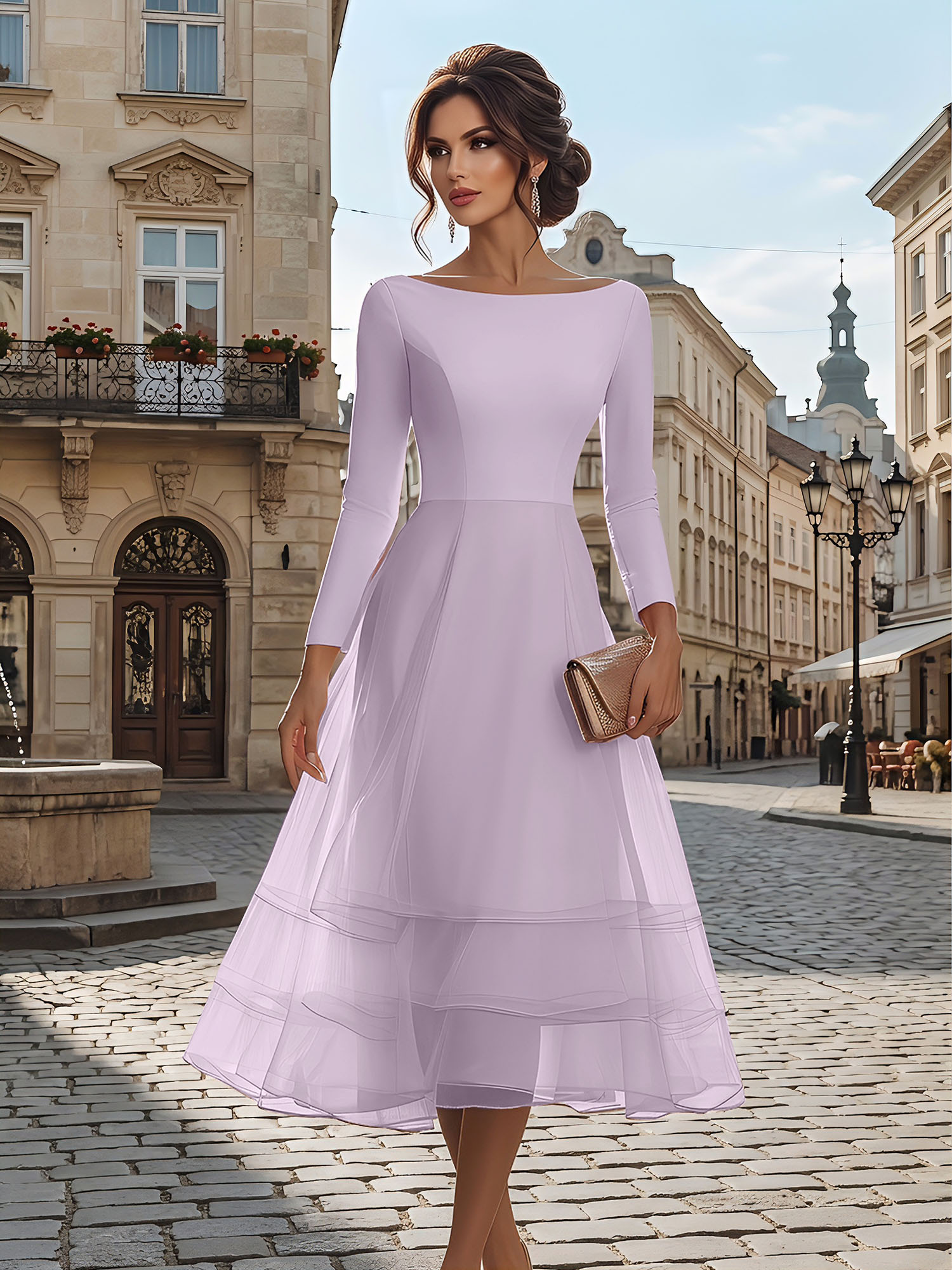 Timeless Evening Foraml Gown Blush Pink Long-Sleeve Layered Organza Midi Dress