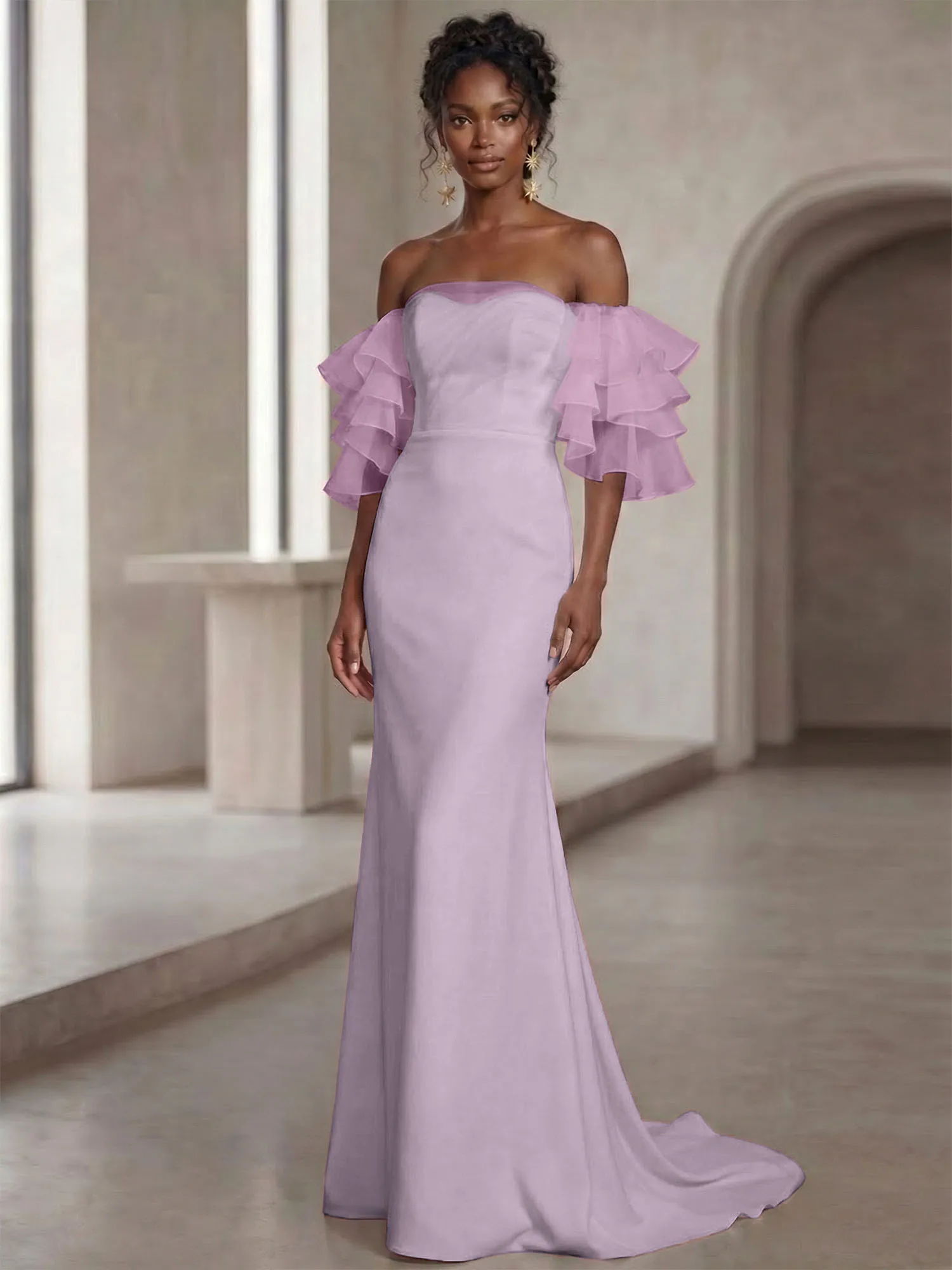 Off-the-Shoulder Tiered Organza Sleeve Mermaid Evening Gown