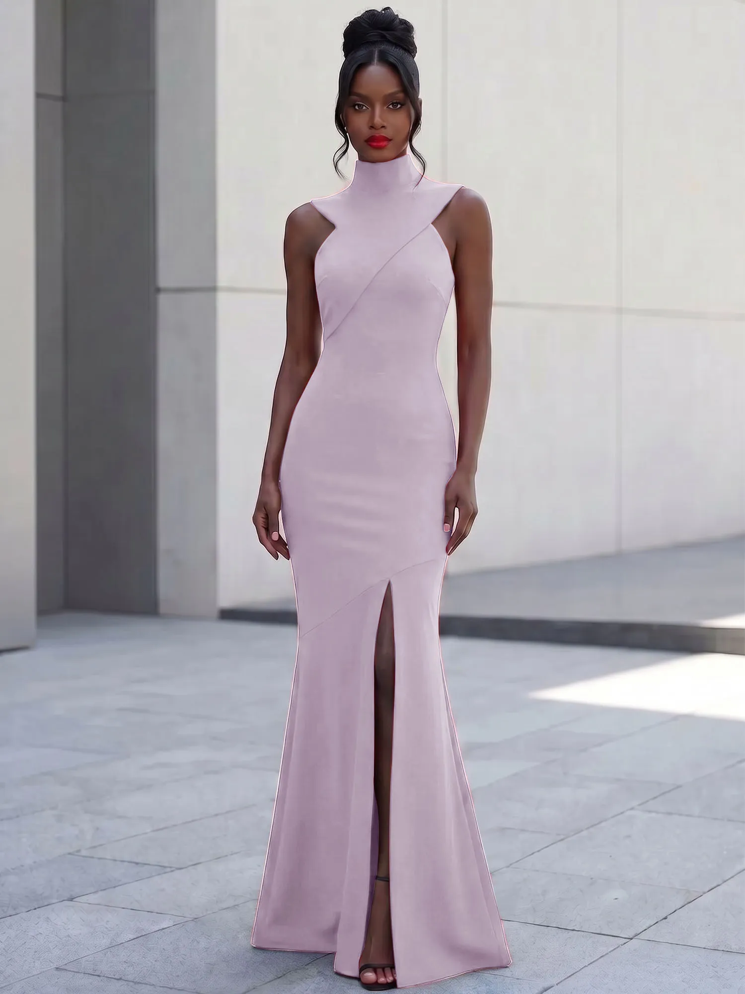High Neck Asymmetric Cutout Mermaid Evening Gown