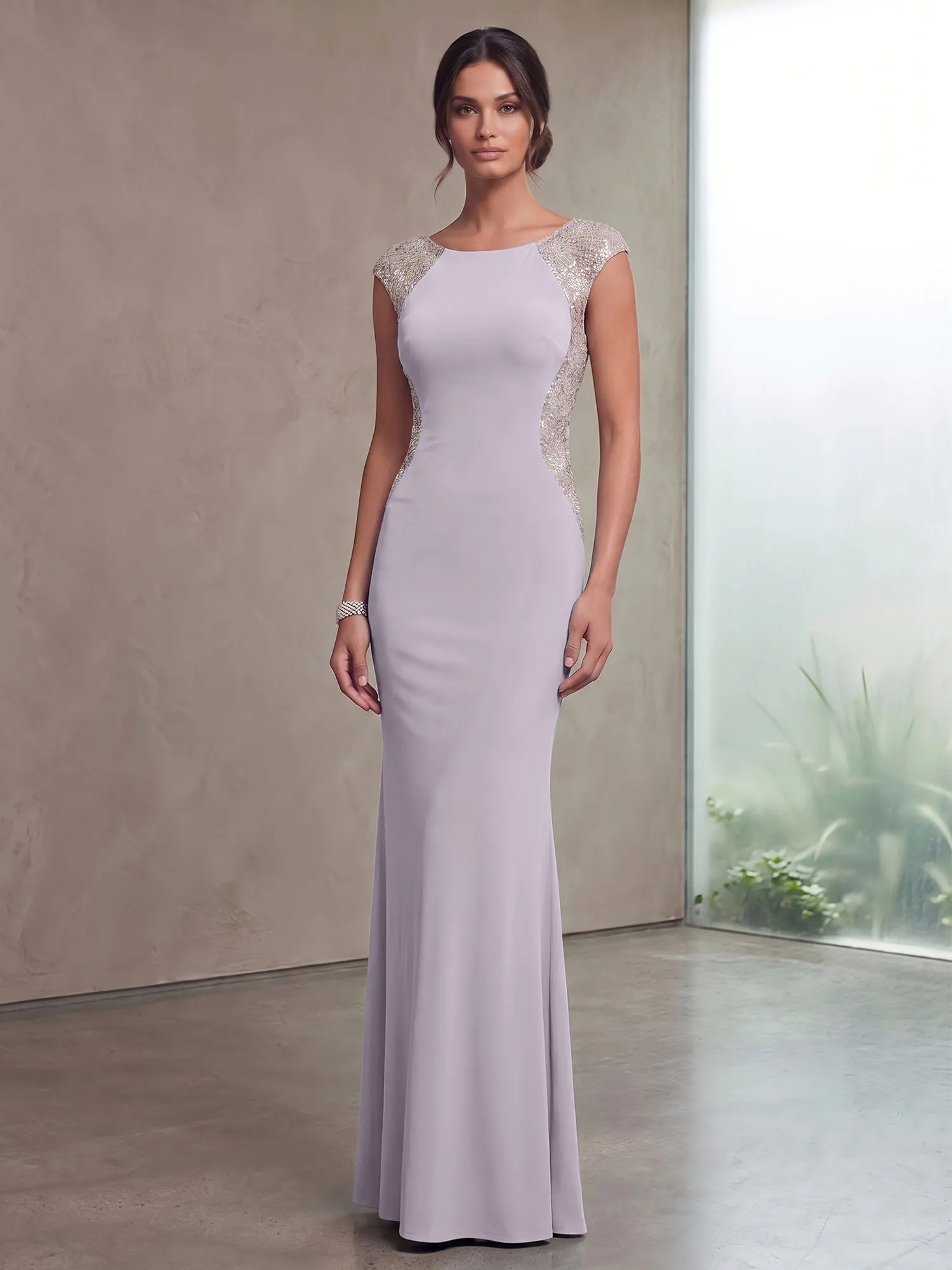 Bateau Neck Sequins Cap Sleeve Mermaid Evening Gown