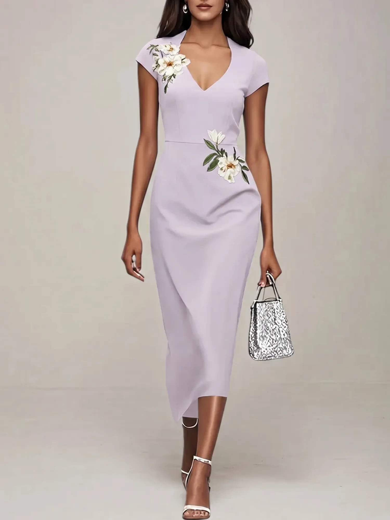 V-Neck Cap Sleeve Floral Embroidered Sheath Evening Dress