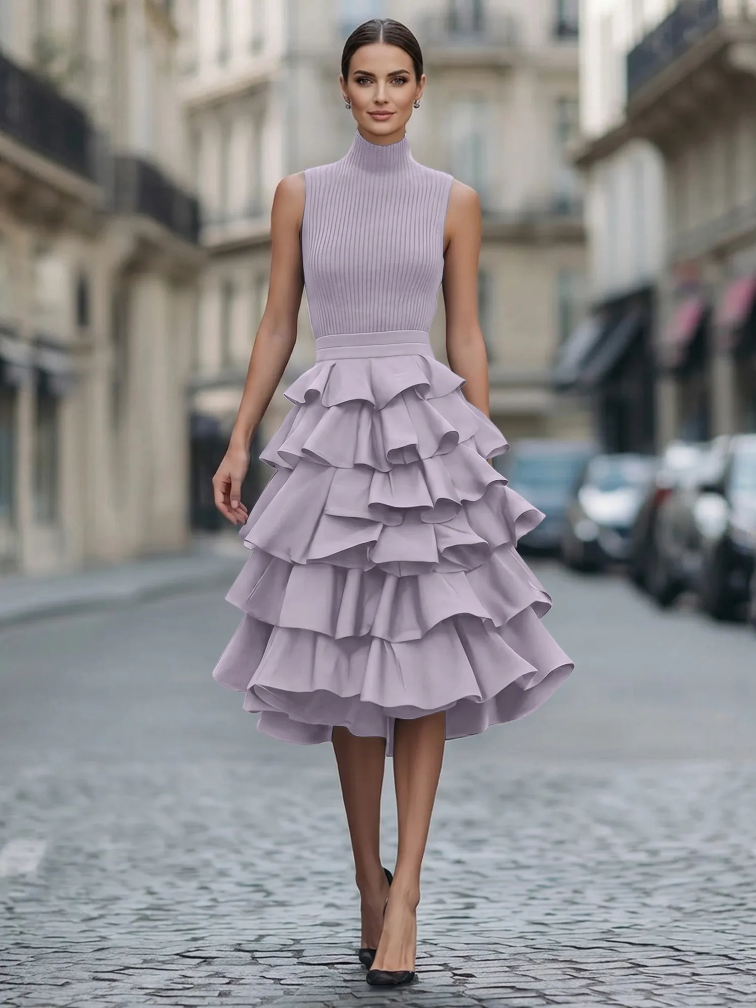 A Line High-Neck Pleated Tiered Evening Dress Maxi Dress