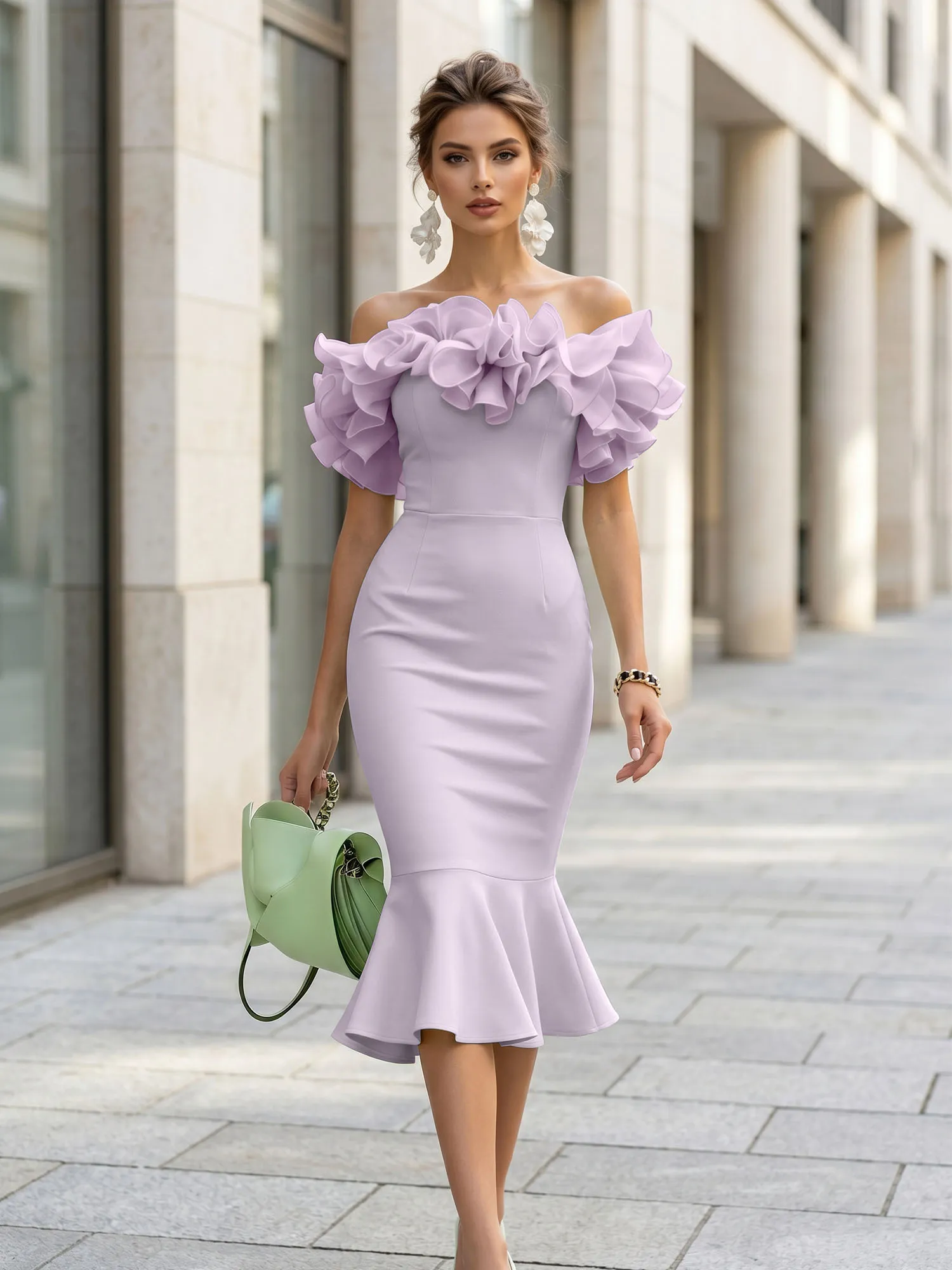 Off-the-Shoulder Ruffle Midi Midi Cocktail Dress Evening Dress