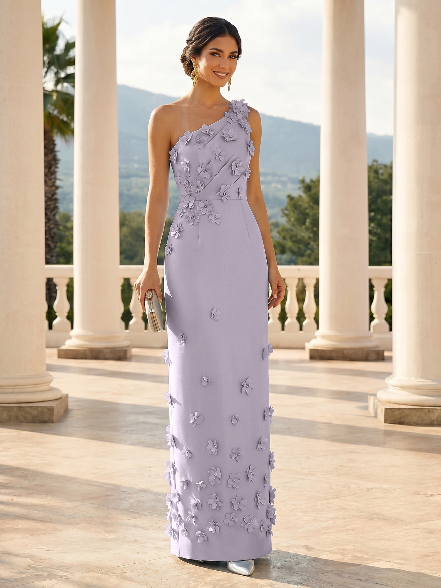 Enchanting Sky Blue One-Shoulder Evening Dress with 3D Floral Appliqués