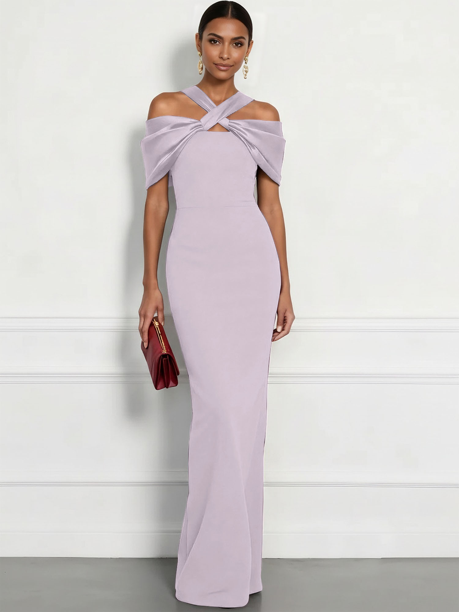  Regal Plum Crepe Column Gown with Satin Criss-Cross Halter Maxi Dress