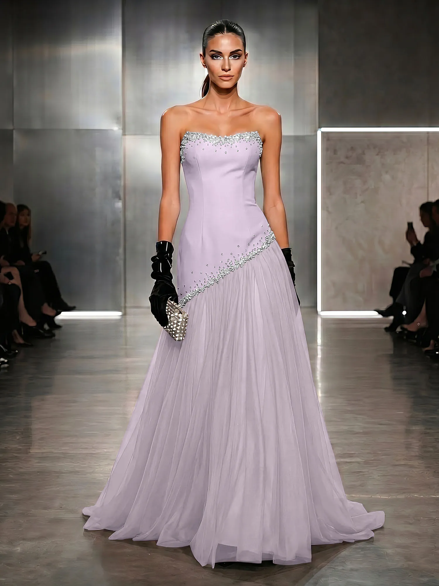Strapless Tulle Beaded Corset Evening Gown Maxi Dress