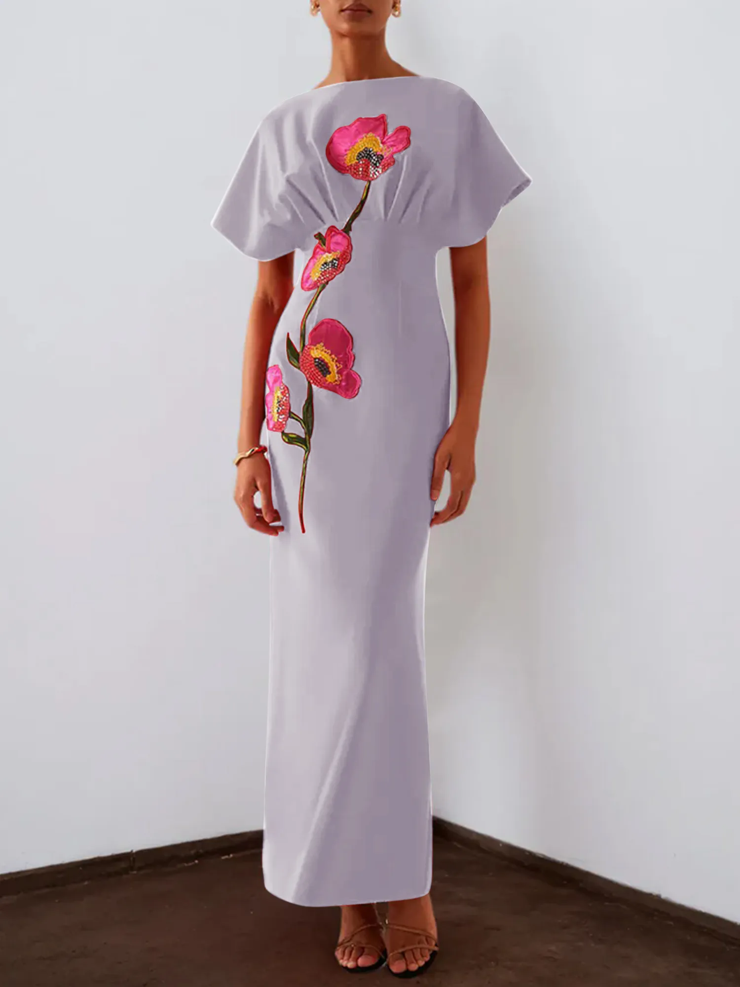 Floral Embroidered Boat Neck Batwing Sleeve Column Evening Gown