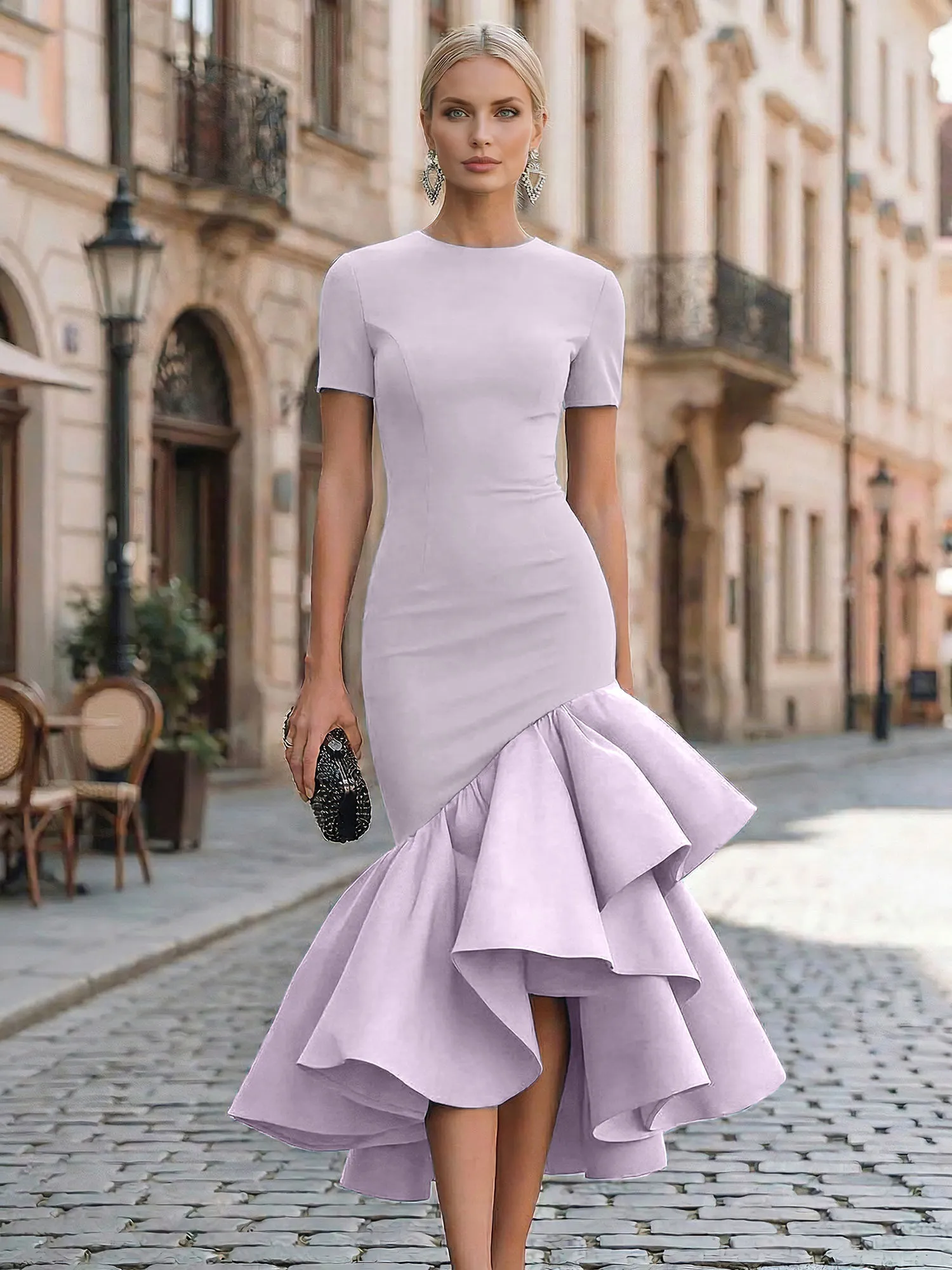 Evening Foraml Gown Avant-Garde Black Short-Sleeve Tiered Ruffle Midi Dress