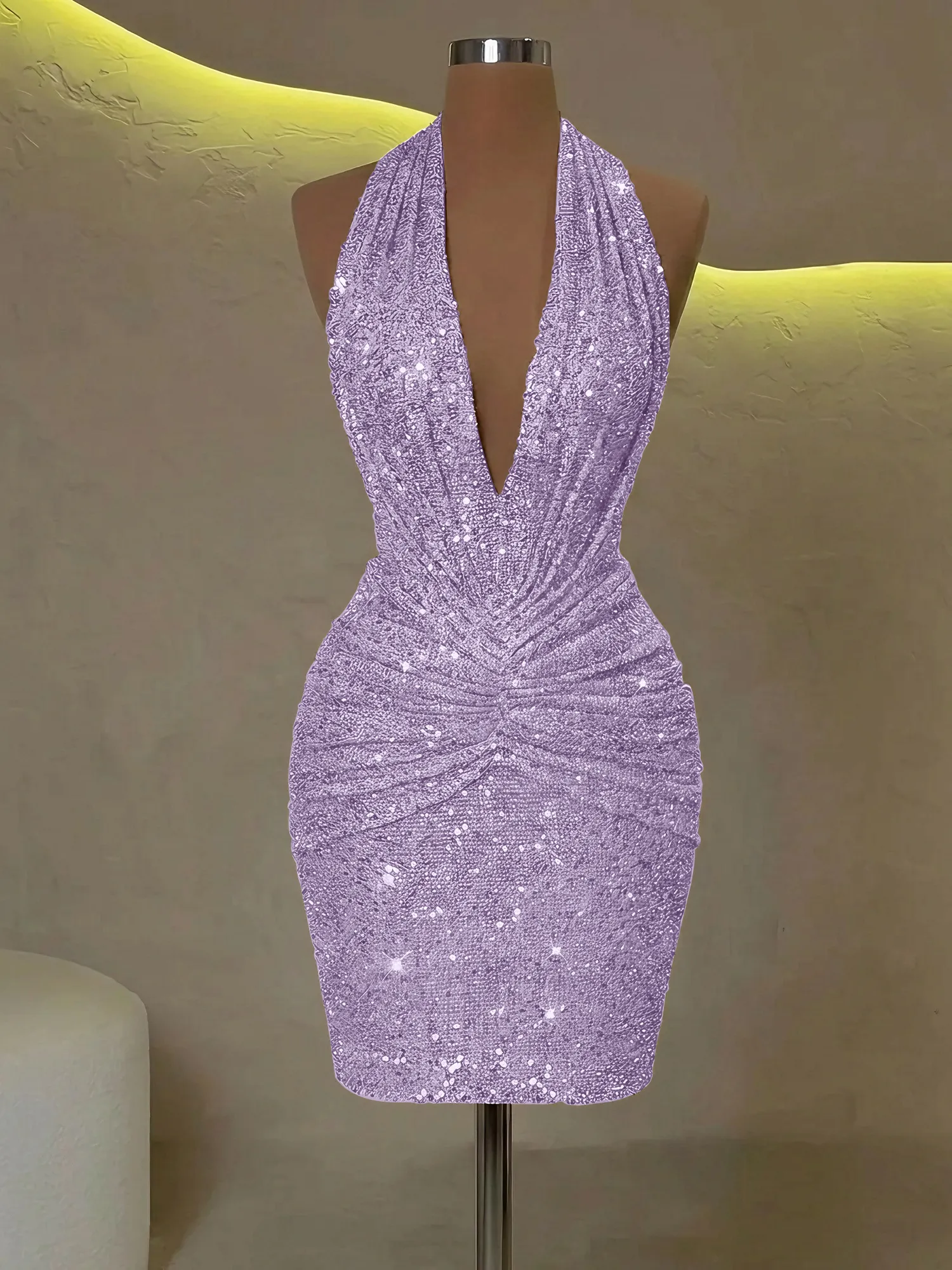 Sequin Halter Deep V-Neck Bodycon Homecoming Dress Mini Dress