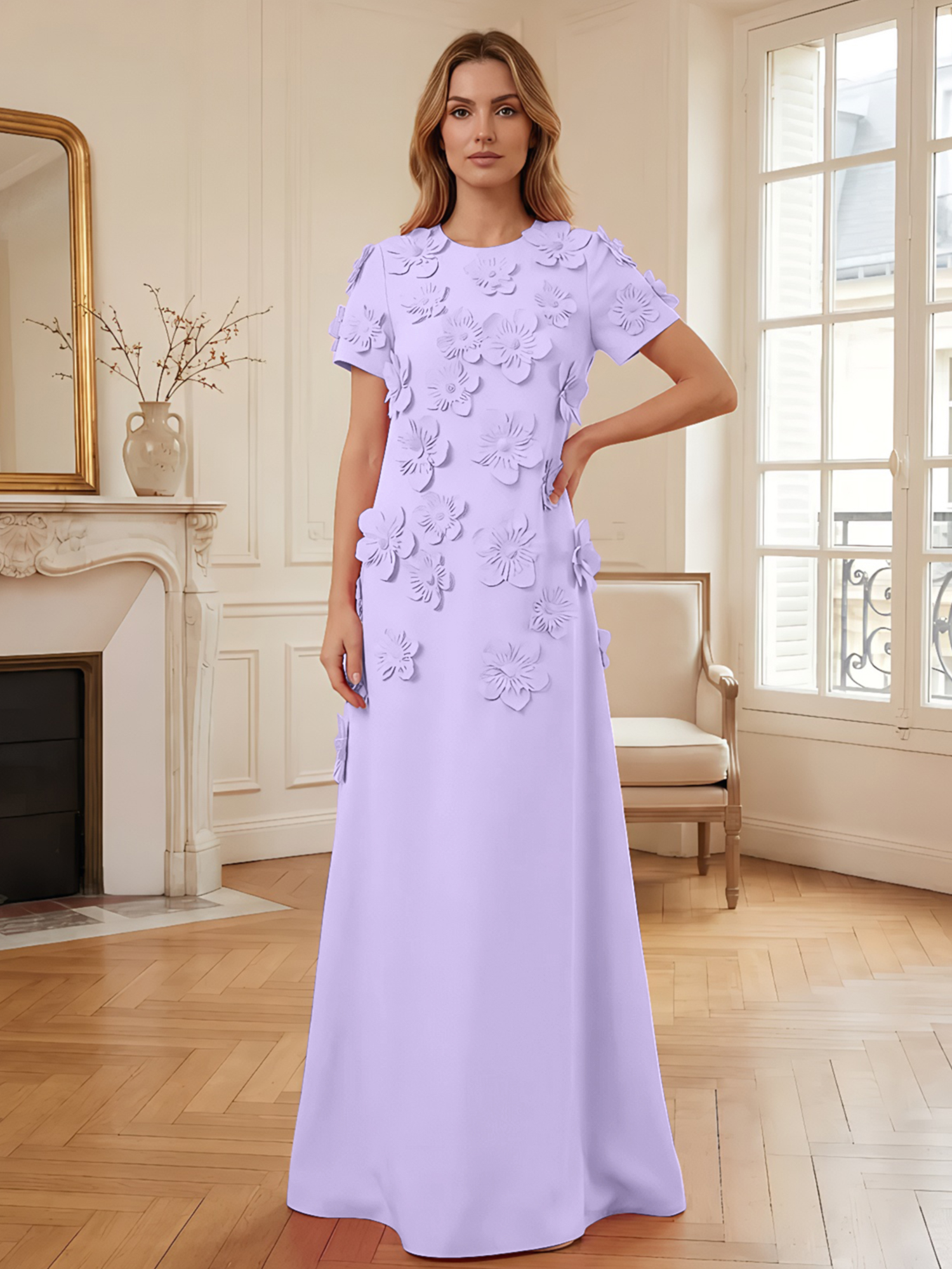 3D Floral Applique Short-Sleeve Column Evening Gown