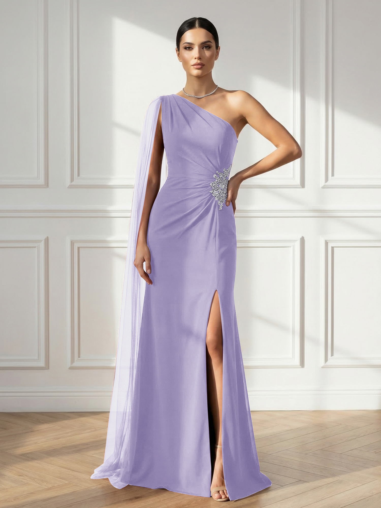 Formal Evening Dress Burgundy One Shoulder Slit Maxi Dress Gown