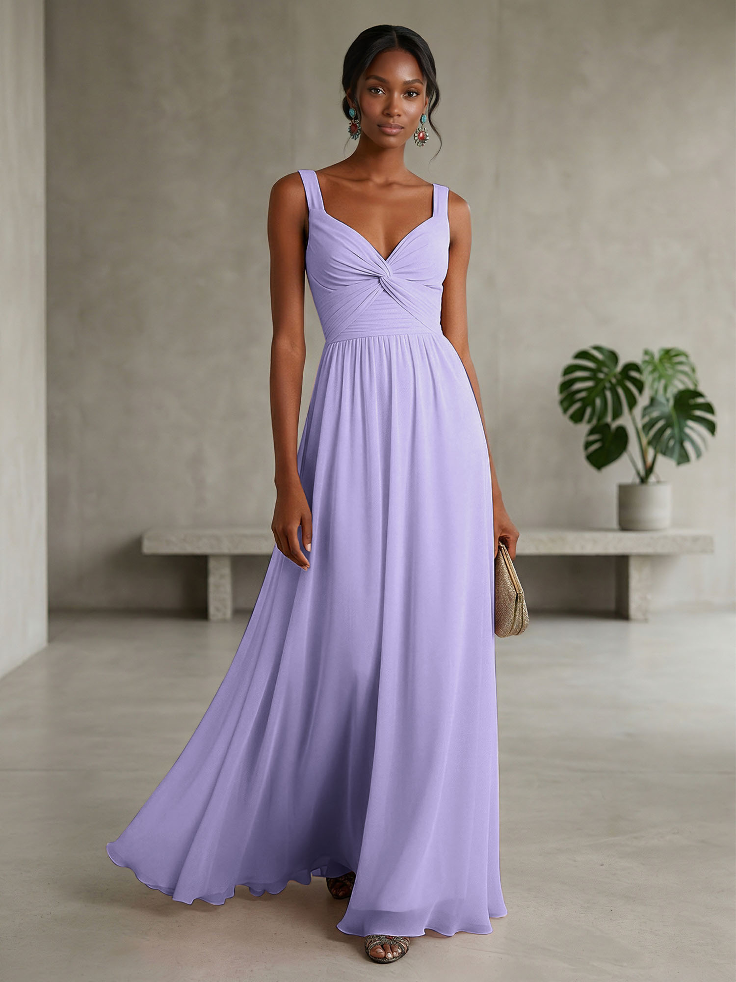 Elegant Soft Blush Twist-Front Chiffon Maxi Gown