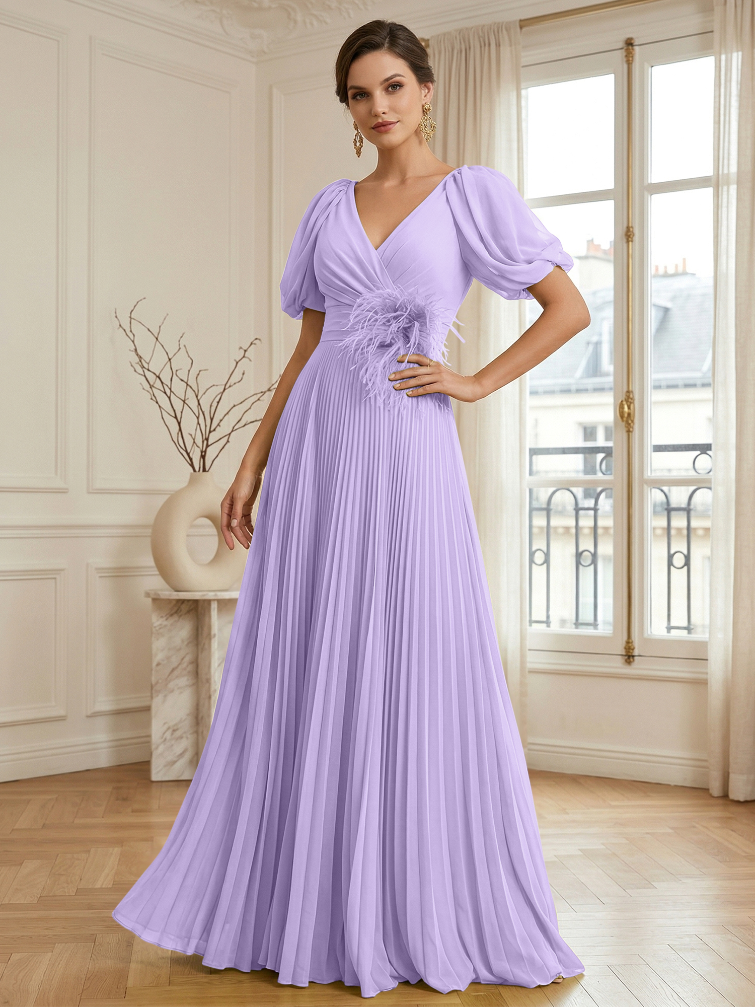 A-Line Chiffon Evening Gown with Feather V-Neck Short Sleeves Formal Dress